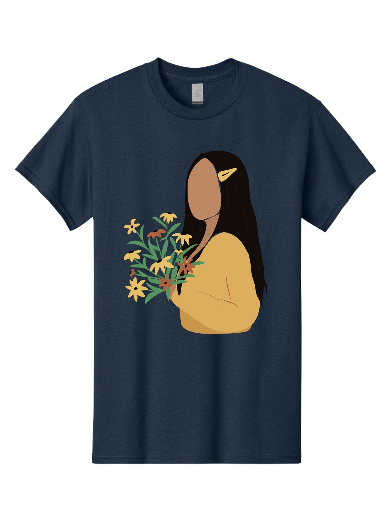 Woman-With-Flowers Men'S Graphic Tee, 100% Cotton, Comfortable Casual Summer Wear, Machine Washable, Woman Holding Flowers, Simple Illustration, Minimalist Design, Yellow Flowers, Long Black Hair, Yellow Shirt, Elegance, Simplicity, Aae074 11