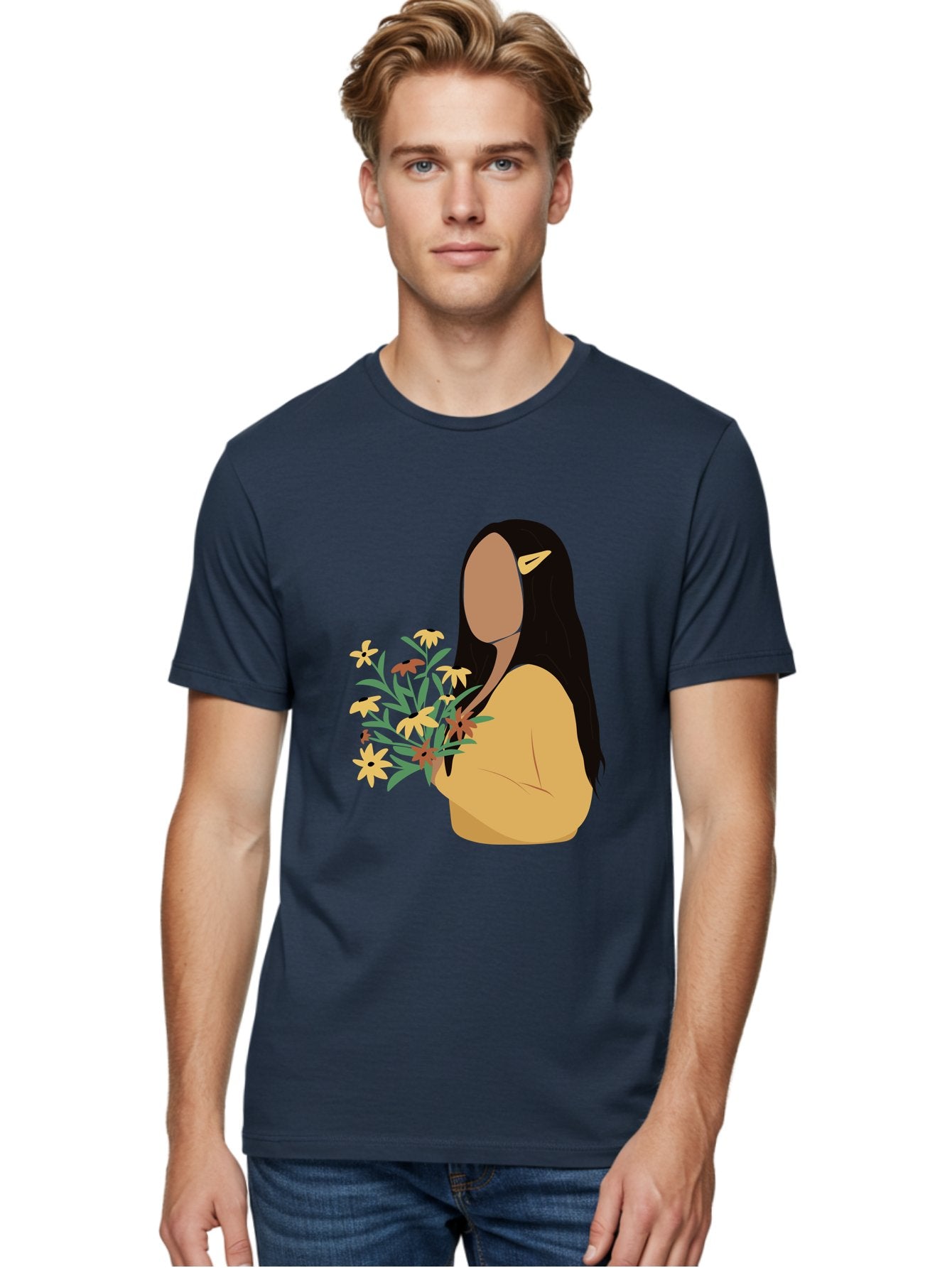 Woman-With-Flowers Men'S Graphic Tee, 100% Cotton, Comfortable Casual Summer Wear, Machine Washable, Woman Holding Flowers, Simple Illustration, Minimalist Design, Yellow Flowers, Long Black Hair, Yellow Shirt, Elegance, Simplicity, Aae074 27