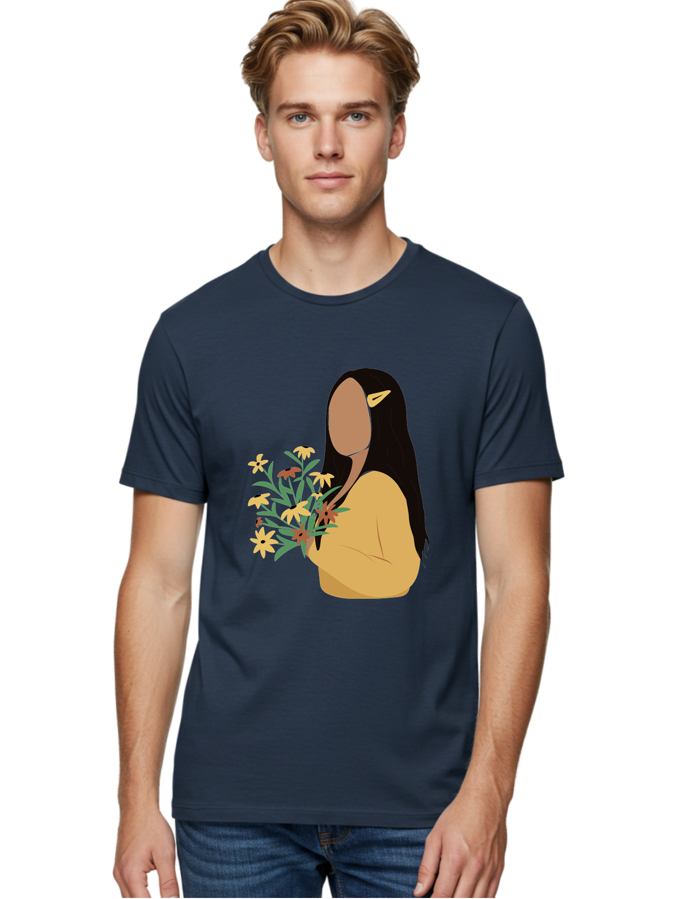 Woman-With-Flowers Men'S Graphic Tee, 100% Cotton, Comfortable Casual Summer Wear, Machine Washable, Woman Holding Flowers, Simple Illustration, Minimalist Design, Yellow Flowers, Long Black Hair, Yellow Shirt, Elegance, Simplicity, Aae074 8