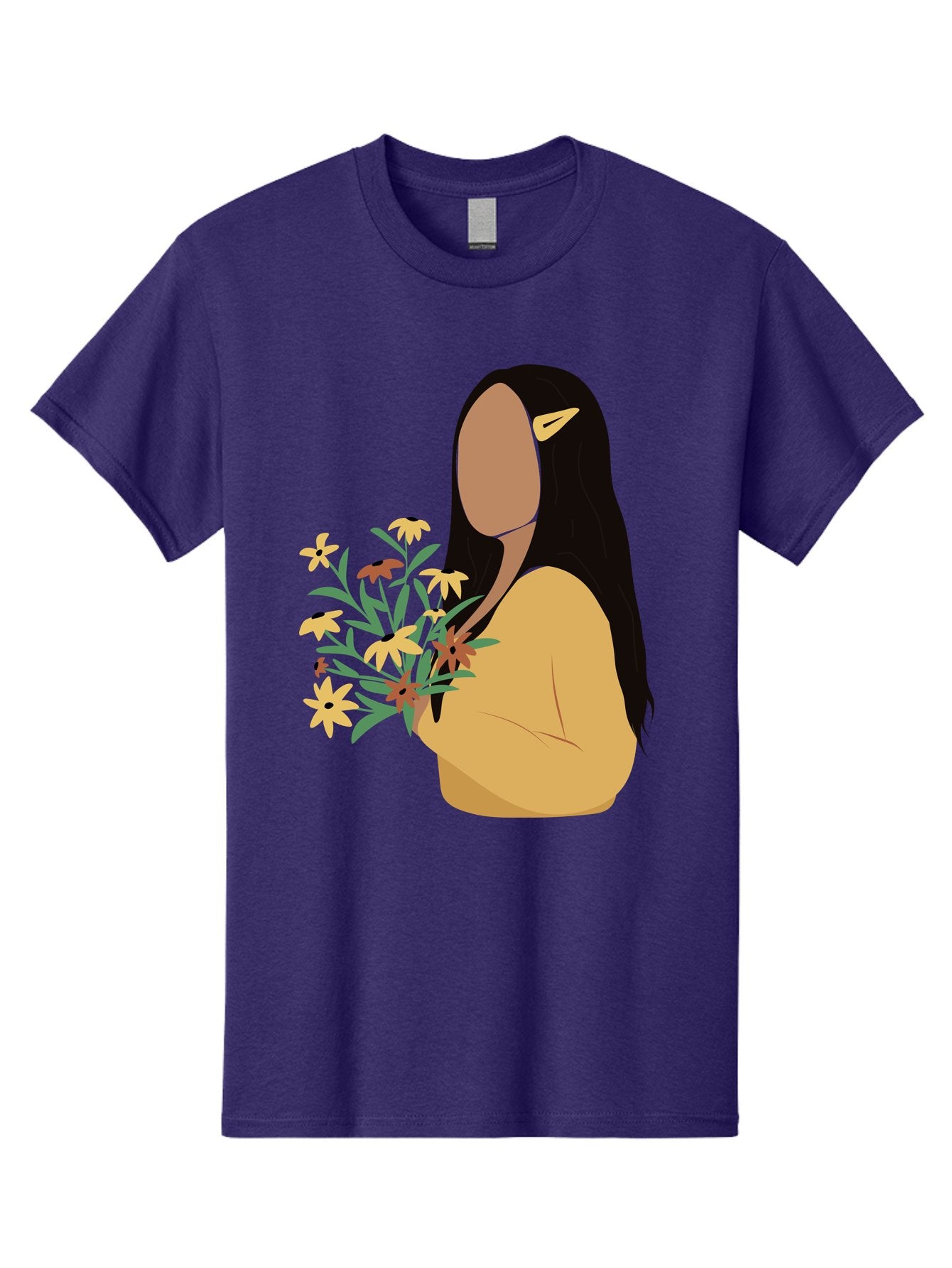 Woman-With-Flowers Men'S Graphic Tee, 100% Cotton, Comfortable Casual Summer Wear, Machine Washable, Woman Holding Flowers, Simple Illustration, Minimalist Design, Yellow Flowers, Long Black Hair, Yellow Shirt, Elegance, Simplicity, Aae074 10