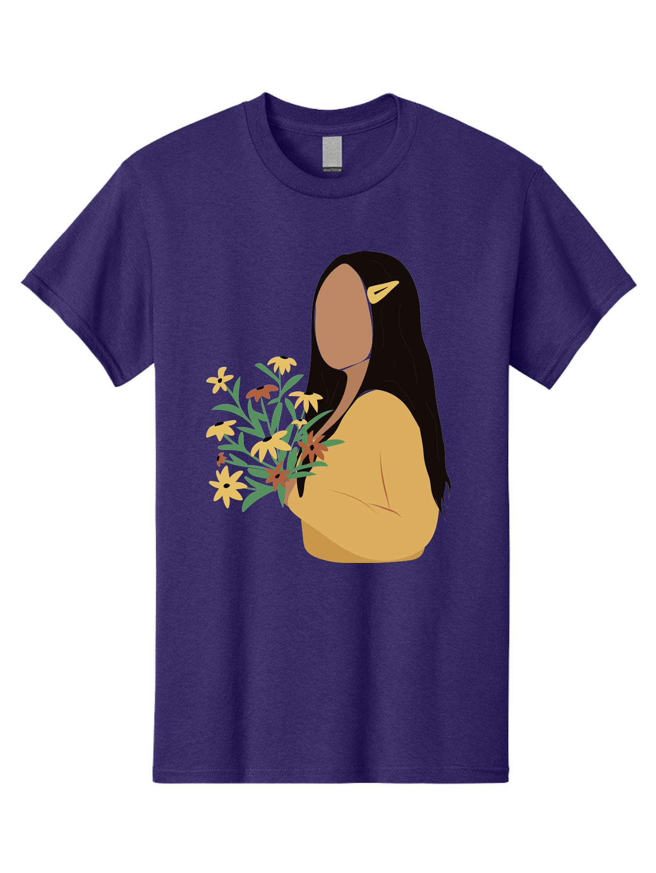 Woman-With-Flowers Men'S Graphic Tee, 100% Cotton, Comfortable Casual Summer Wear, Machine Washable, Woman Holding Flowers, Simple Illustration, Minimalist Design, Yellow Flowers, Long Black Hair, Yellow Shirt, Elegance, Simplicity, Aae074 27