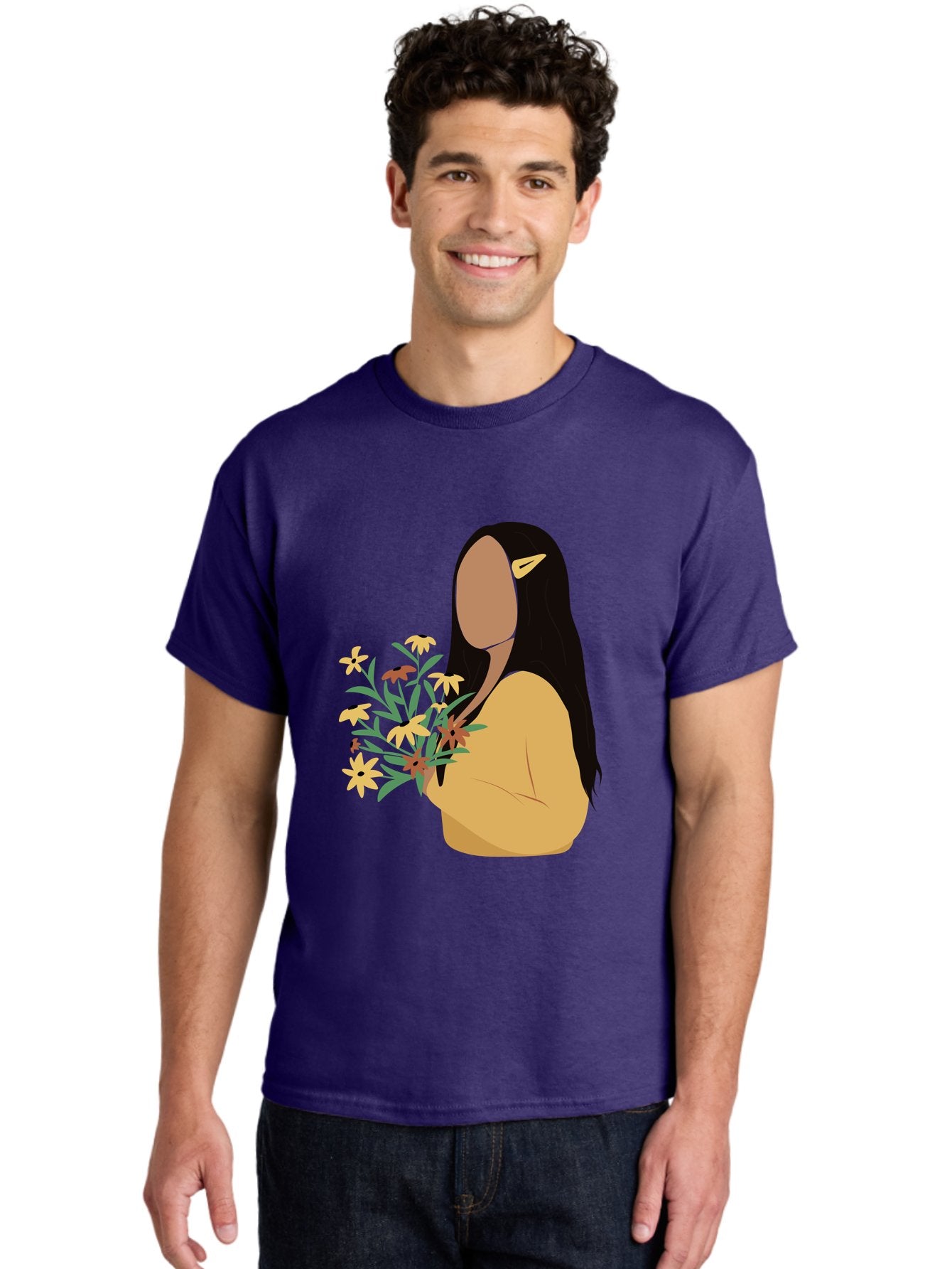 Woman-With-Flowers Men'S Graphic Tee, 100% Cotton, Comfortable Casual Summer Wear, Machine Washable, Woman Holding Flowers, Simple Illustration, Minimalist Design, Yellow Flowers, Long Black Hair, Yellow Shirt, Elegance, Simplicity, Aae074 17