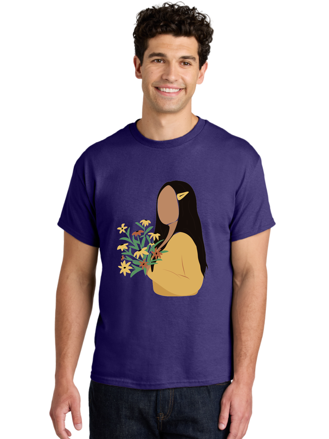 Woman-With-Flowers Men'S Graphic Tee, 100% Cotton, Comfortable Casual Summer Wear, Machine Washable, Woman Holding Flowers, Simple Illustration, Minimalist Design, Yellow Flowers, Long Black Hair, Yellow Shirt, Elegance, Simplicity, Aae074 28