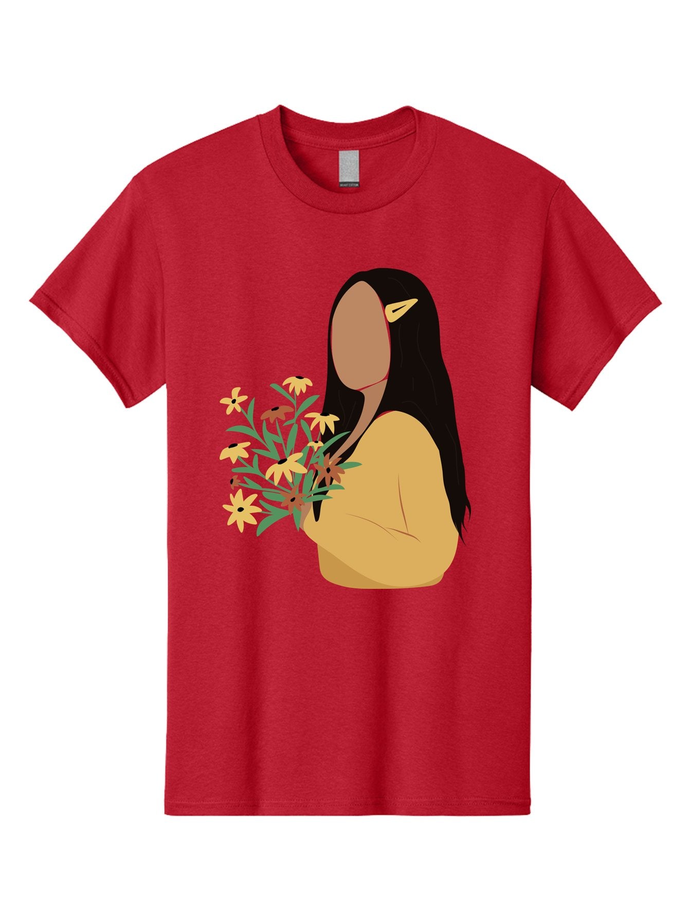 Woman-With-Flowers Men'S Graphic Tee, 100% Cotton, Comfortable Casual Summer Wear, Machine Washable, Woman Holding Flowers, Simple Illustration, Minimalist Design, Yellow Flowers, Long Black Hair, Yellow Shirt, Elegance, Simplicity, Aae074 12