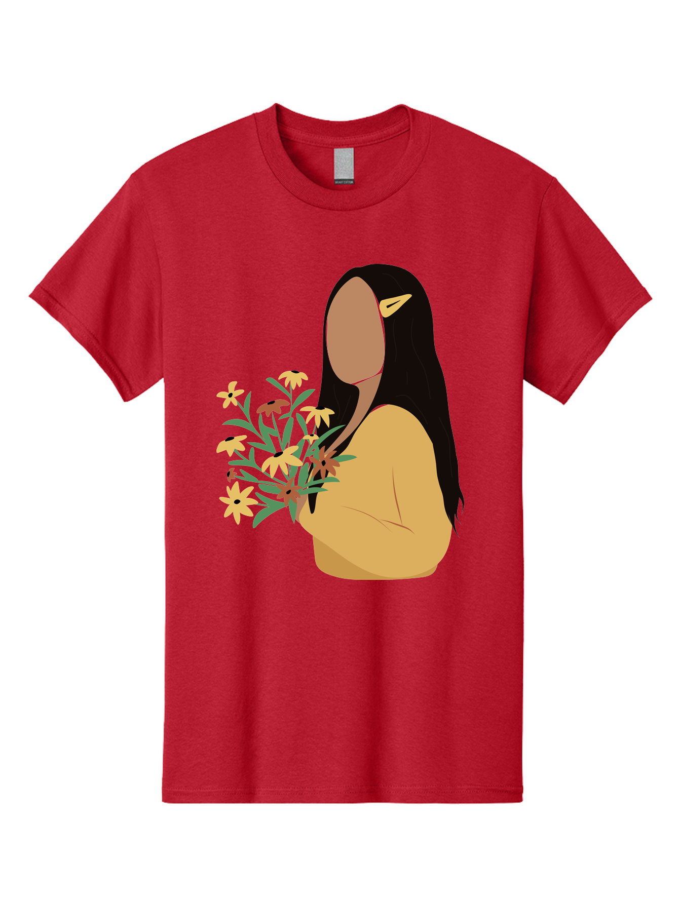 Woman-With-Flowers Men'S Graphic Tee, 100% Cotton, Comfortable Casual Summer Wear, Machine Washable, Woman Holding Flowers, Simple Illustration, Minimalist Design, Yellow Flowers, Long Black Hair, Yellow Shirt, Elegance, Simplicity, Aae074 5