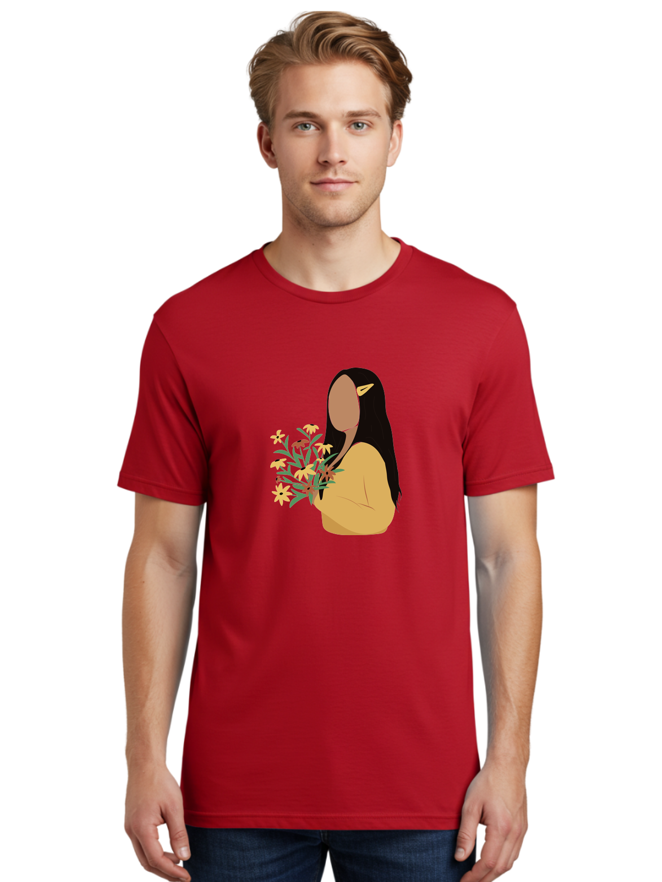 Woman-With-Flowers Men'S Graphic Tee, 100% Cotton, Comfortable Casual Summer Wear, Machine Washable, Woman Holding Flowers, Simple Illustration, Minimalist Design, Yellow Flowers, Long Black Hair, Yellow Shirt, Elegance, Simplicity, Aae074 6