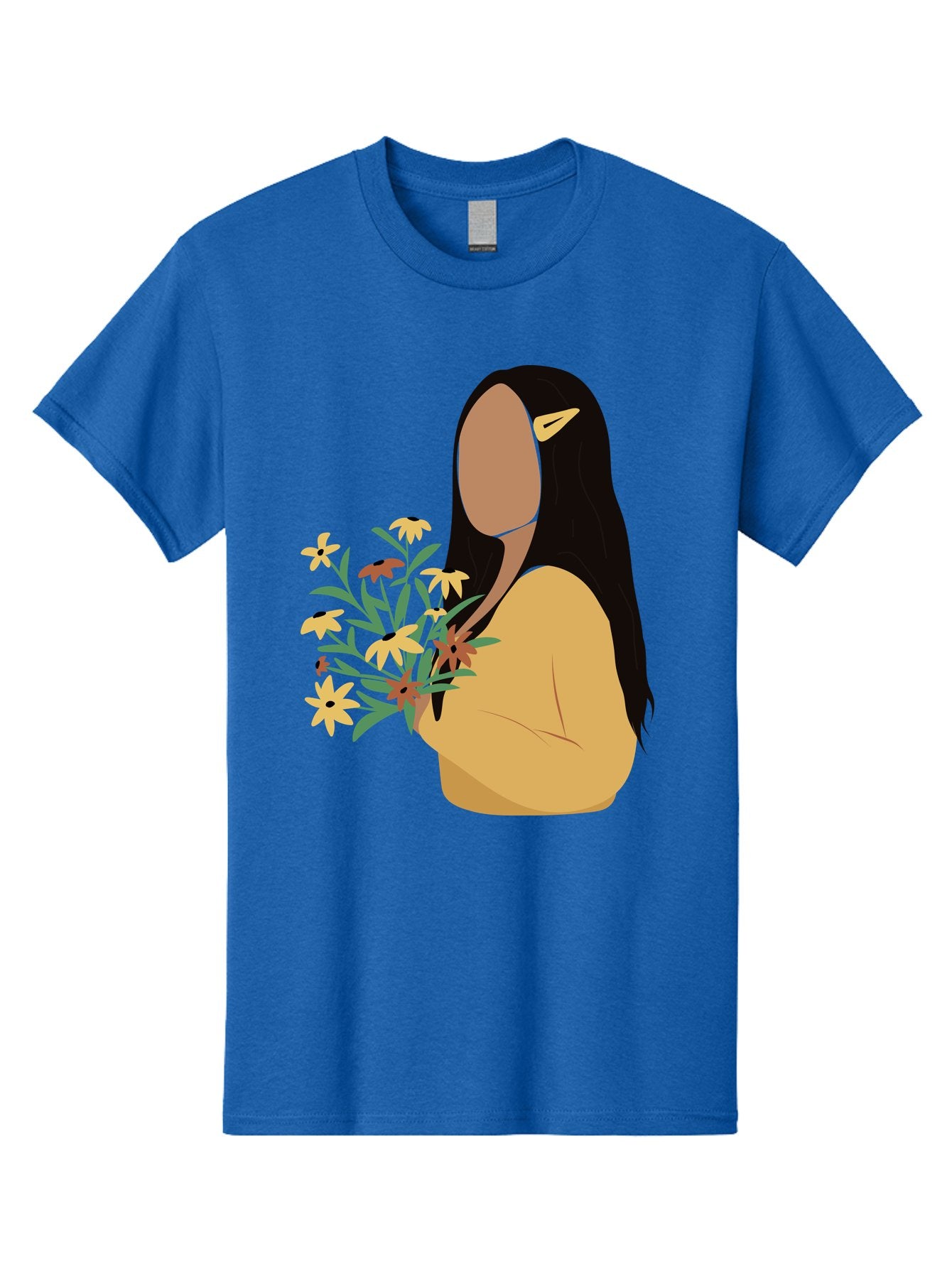 Woman-With-Flowers Men'S Graphic Tee, 100% Cotton, Comfortable Casual Summer Wear, Machine Washable, Woman Holding Flowers, Simple Illustration, Minimalist Design, Yellow Flowers, Long Black Hair, Yellow Shirt, Elegance, Simplicity, Aae074 9