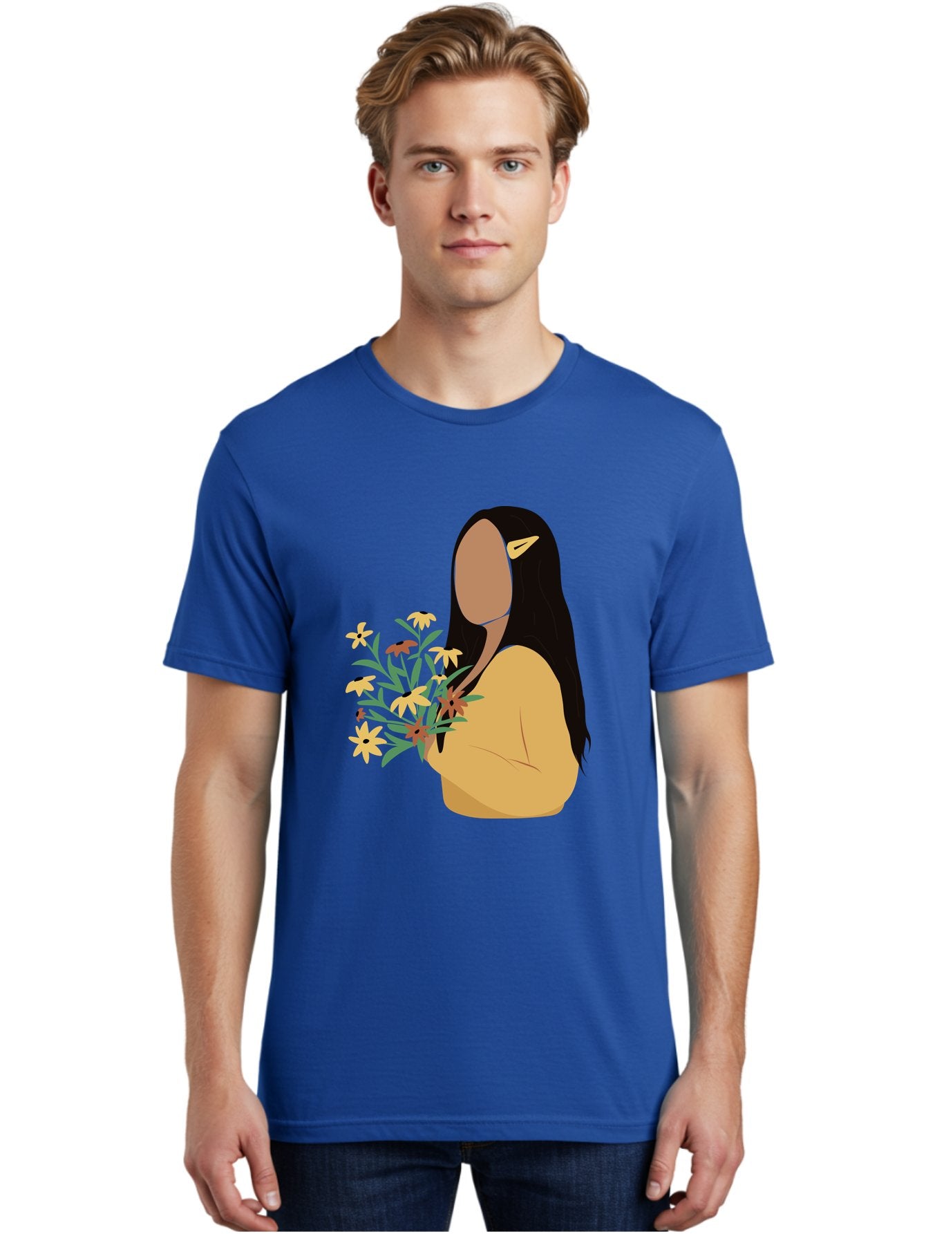 Woman-With-Flowers Men'S Graphic Tee, 100% Cotton, Comfortable Casual Summer Wear, Machine Washable, Woman Holding Flowers, Simple Illustration, Minimalist Design, Yellow Flowers, Long Black Hair, Yellow Shirt, Elegance, Simplicity, Aae074 26