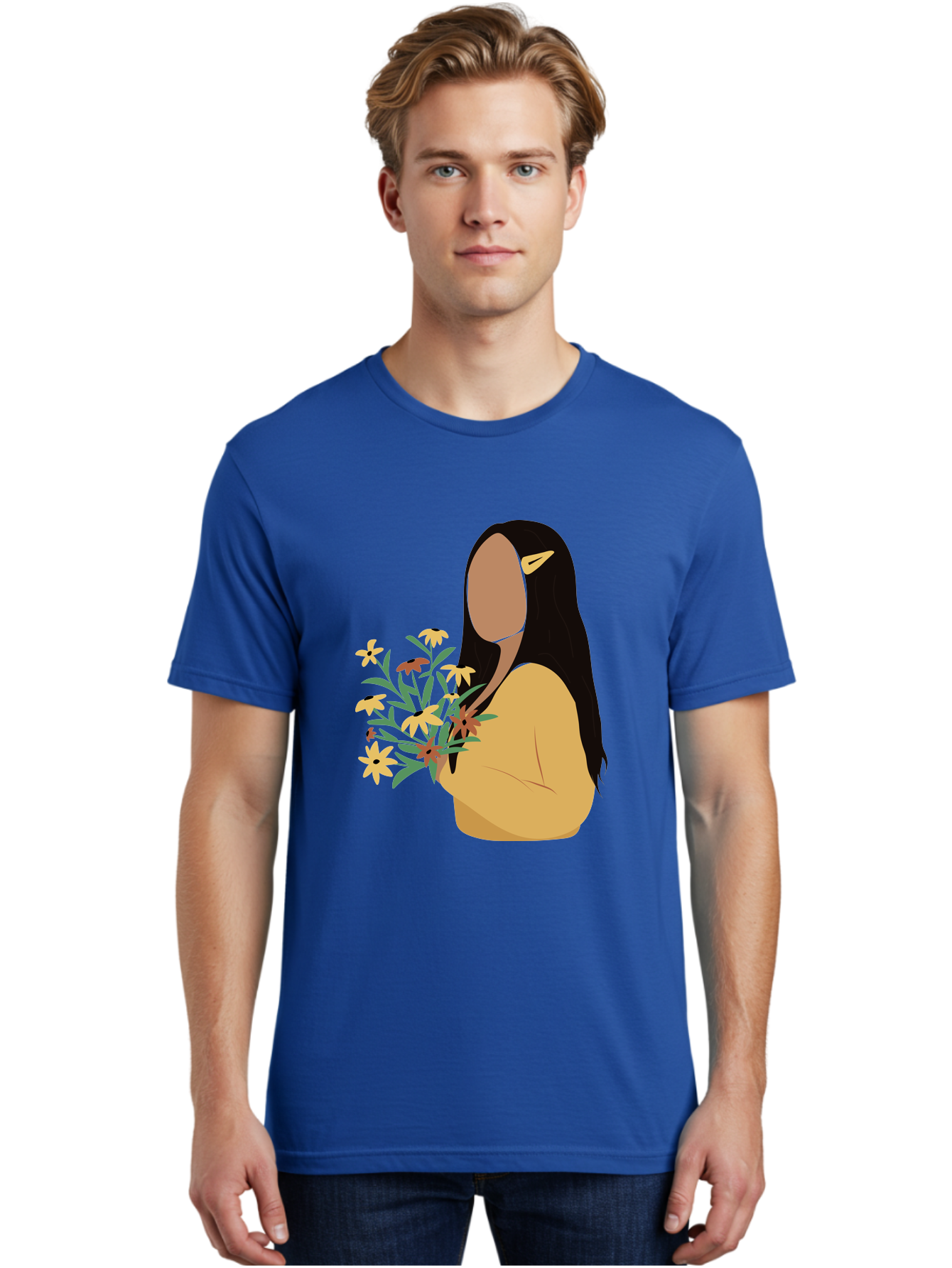 Woman-With-Flowers Men'S Graphic Tee, 100% Cotton, Comfortable Casual Summer Wear, Machine Washable, Woman Holding Flowers, Simple Illustration, Minimalist Design, Yellow Flowers, Long Black Hair, Yellow Shirt, Elegance, Simplicity, Aae074 10