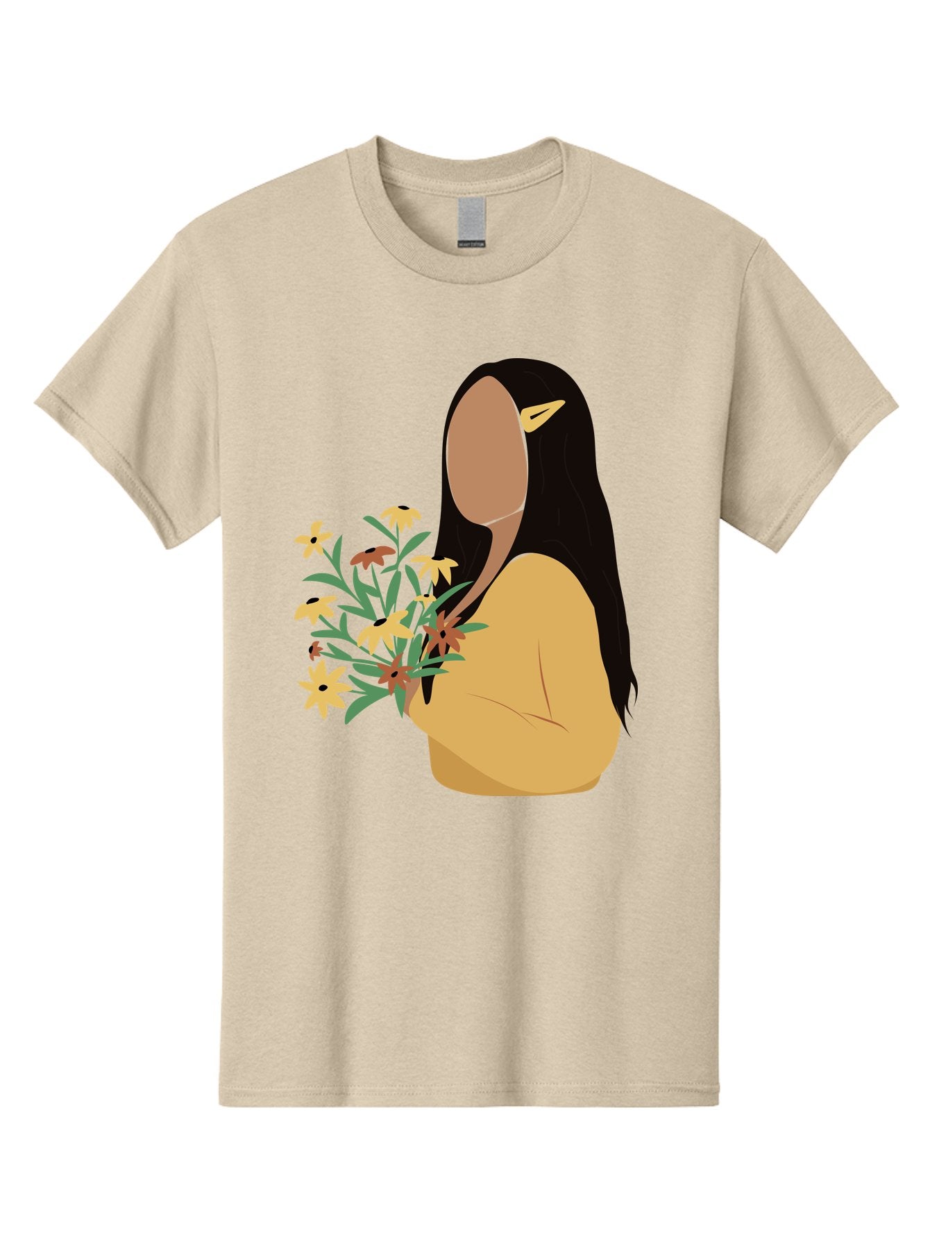 Woman-With-Flowers Men'S Graphic Tee, 100% Cotton, Comfortable Casual Summer Wear, Machine Washable, Woman Holding Flowers, Simple Illustration, Minimalist Design, Yellow Flowers, Long Black Hair, Yellow Shirt, Elegance, Simplicity, Aae074 13