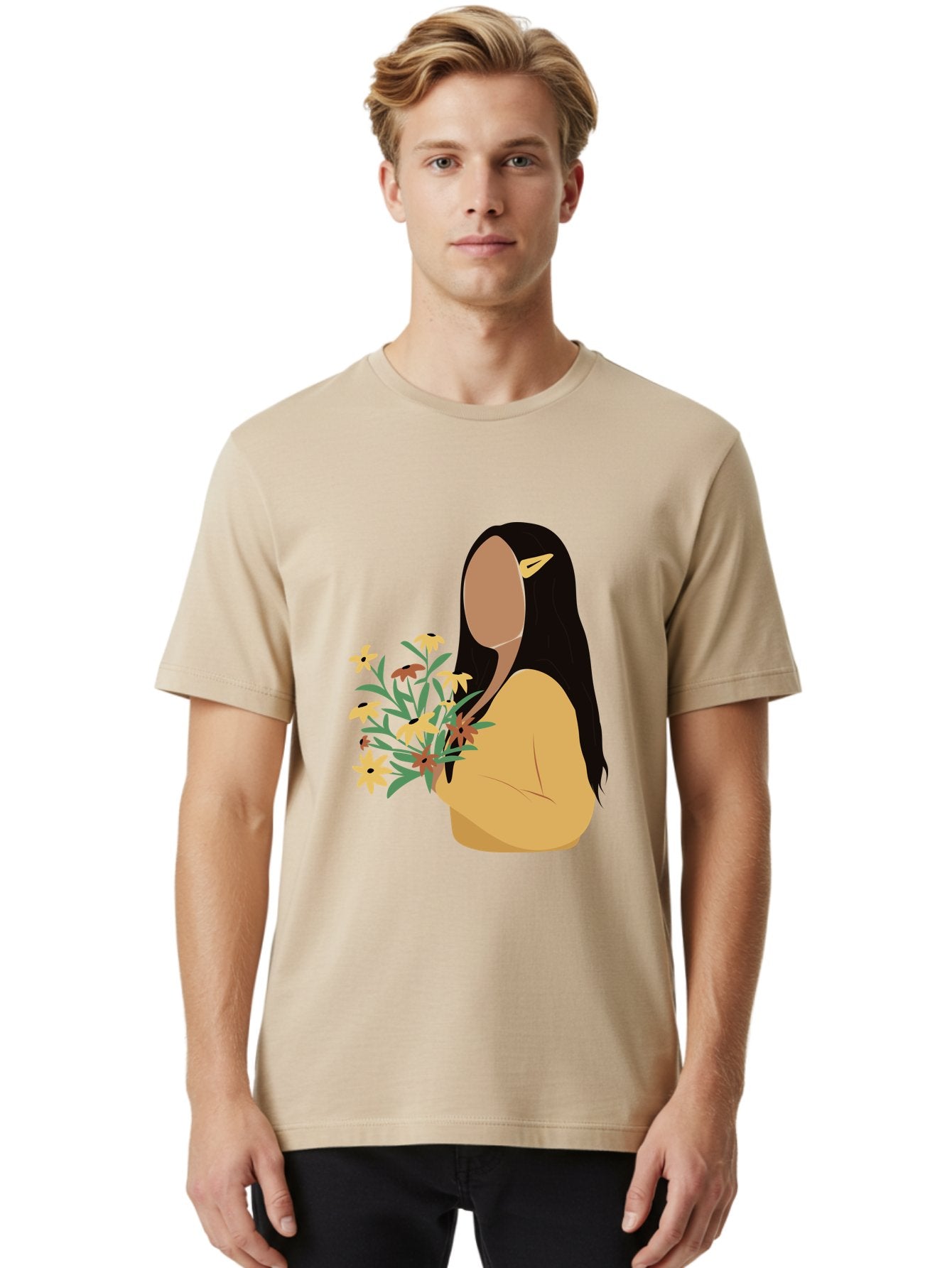 Woman-With-Flowers Men'S Graphic Tee, 100% Cotton, Comfortable Casual Summer Wear, Machine Washable, Woman Holding Flowers, Simple Illustration, Minimalist Design, Yellow Flowers, Long Black Hair, Yellow Shirt, Elegance, Simplicity, Aae074 20