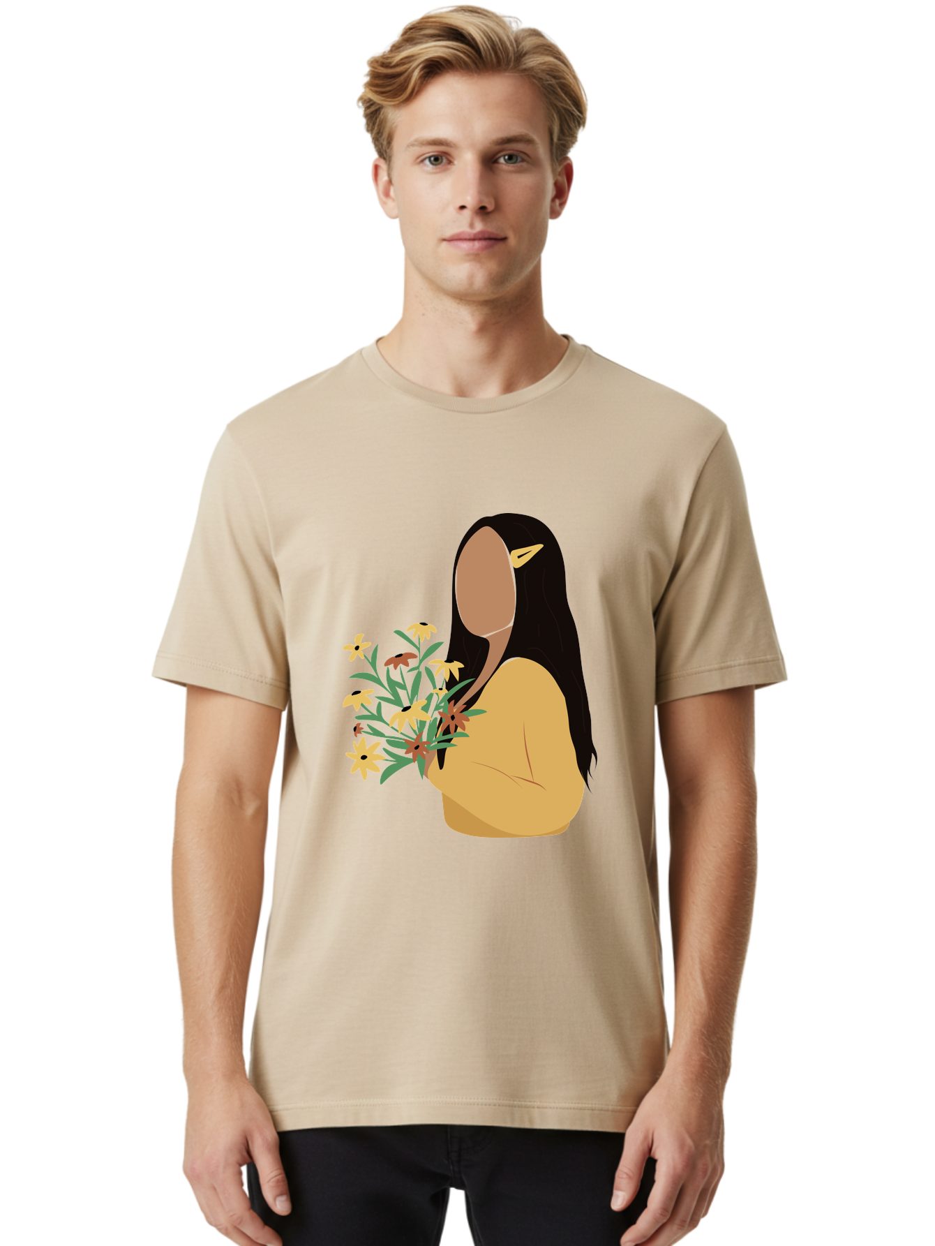 Woman-With-Flowers Men'S Graphic Tee, 100% Cotton, Comfortable Casual Summer Wear, Machine Washable, Woman Holding Flowers, Simple Illustration, Minimalist Design, Yellow Flowers, Long Black Hair, Yellow Shirt, Elegance, Simplicity, Aae074 30