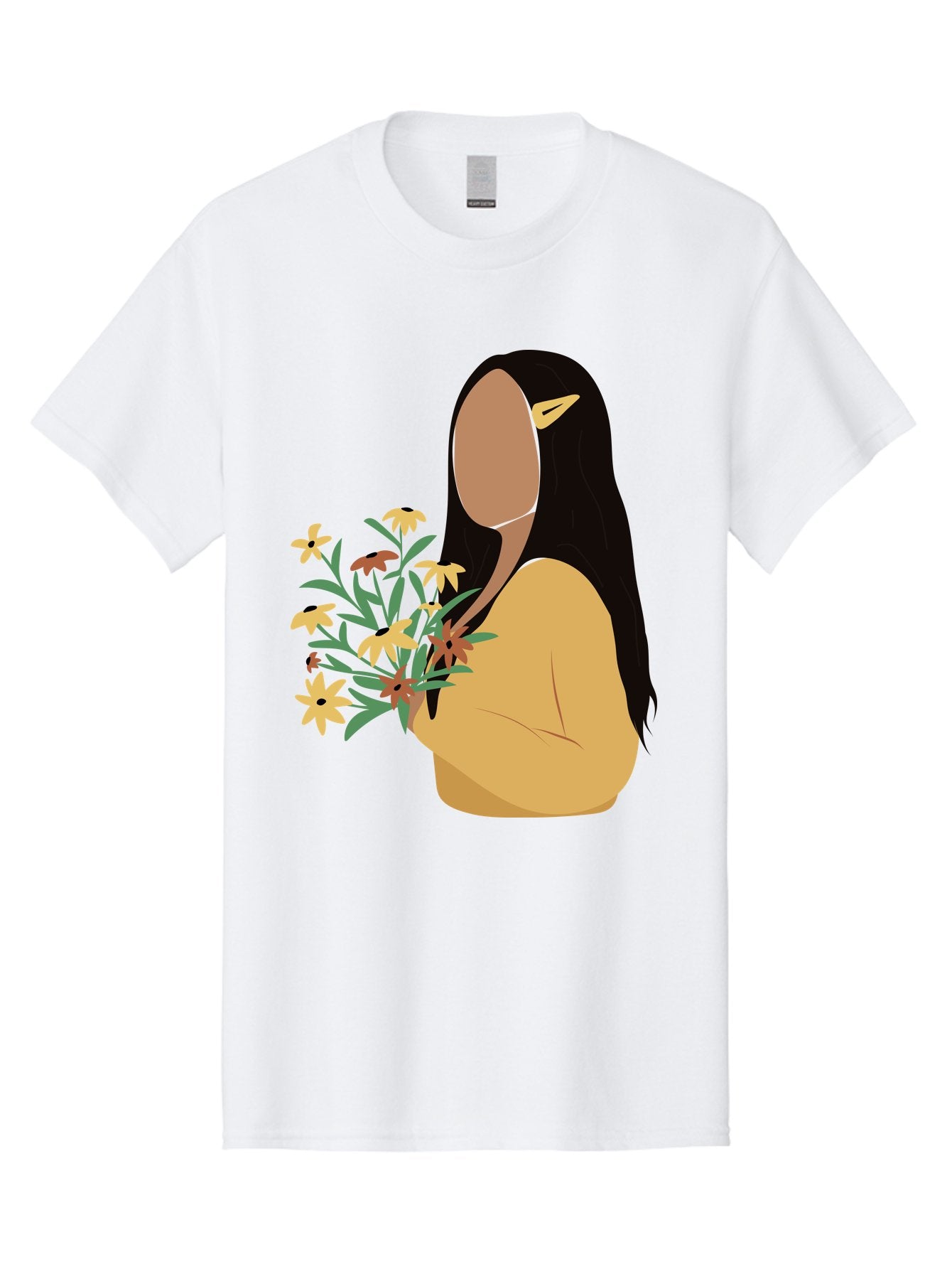 Woman-With-Flowers Men'S Graphic Tee, 100% Cotton, Comfortable Casual Summer Wear, Machine Washable, Woman Holding Flowers, Simple Illustration, Minimalist Design, Yellow Flowers, Long Black Hair, Yellow Shirt, Elegance, Simplicity, Aae074 7