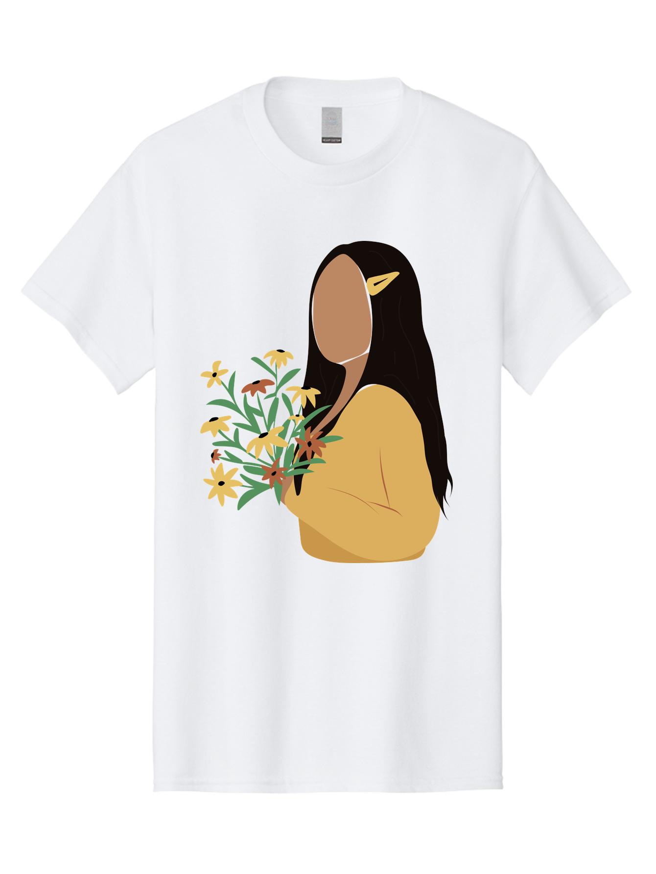 Woman-With-Flowers Men'S Graphic Tee, 100% Cotton, Comfortable Casual Summer Wear, Machine Washable, Woman Holding Flowers, Simple Illustration, Minimalist Design, Yellow Flowers, Long Black Hair, Yellow Shirt, Elegance, Simplicity, Aae074 25