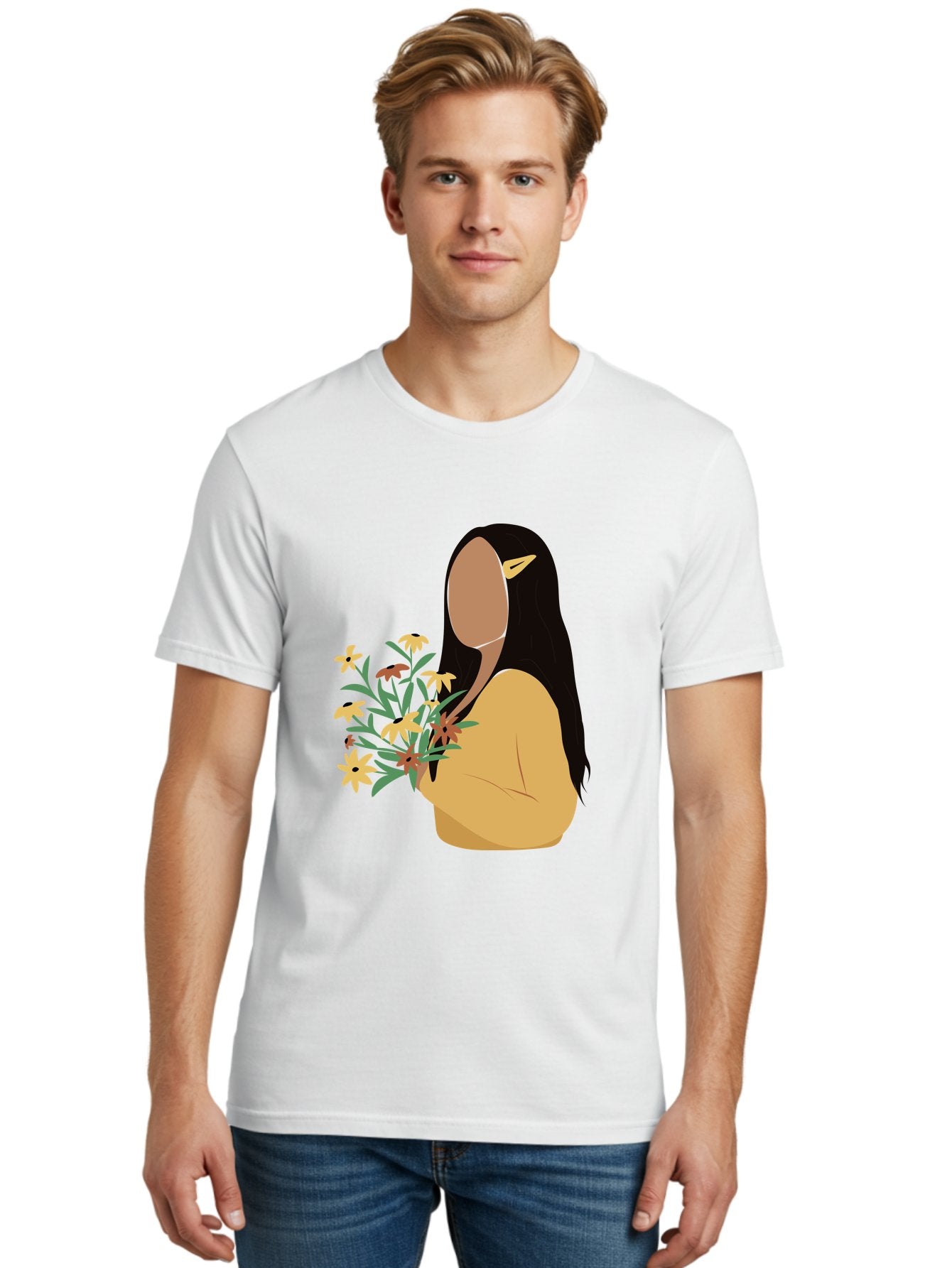 Woman-With-Flowers Men'S Graphic Tee, 100% Cotton, Comfortable Casual Summer Wear, Machine Washable, Woman Holding Flowers, Simple Illustration, Minimalist Design, Yellow Flowers, Long Black Hair, Yellow Shirt, Elegance, Simplicity, Aae074 16