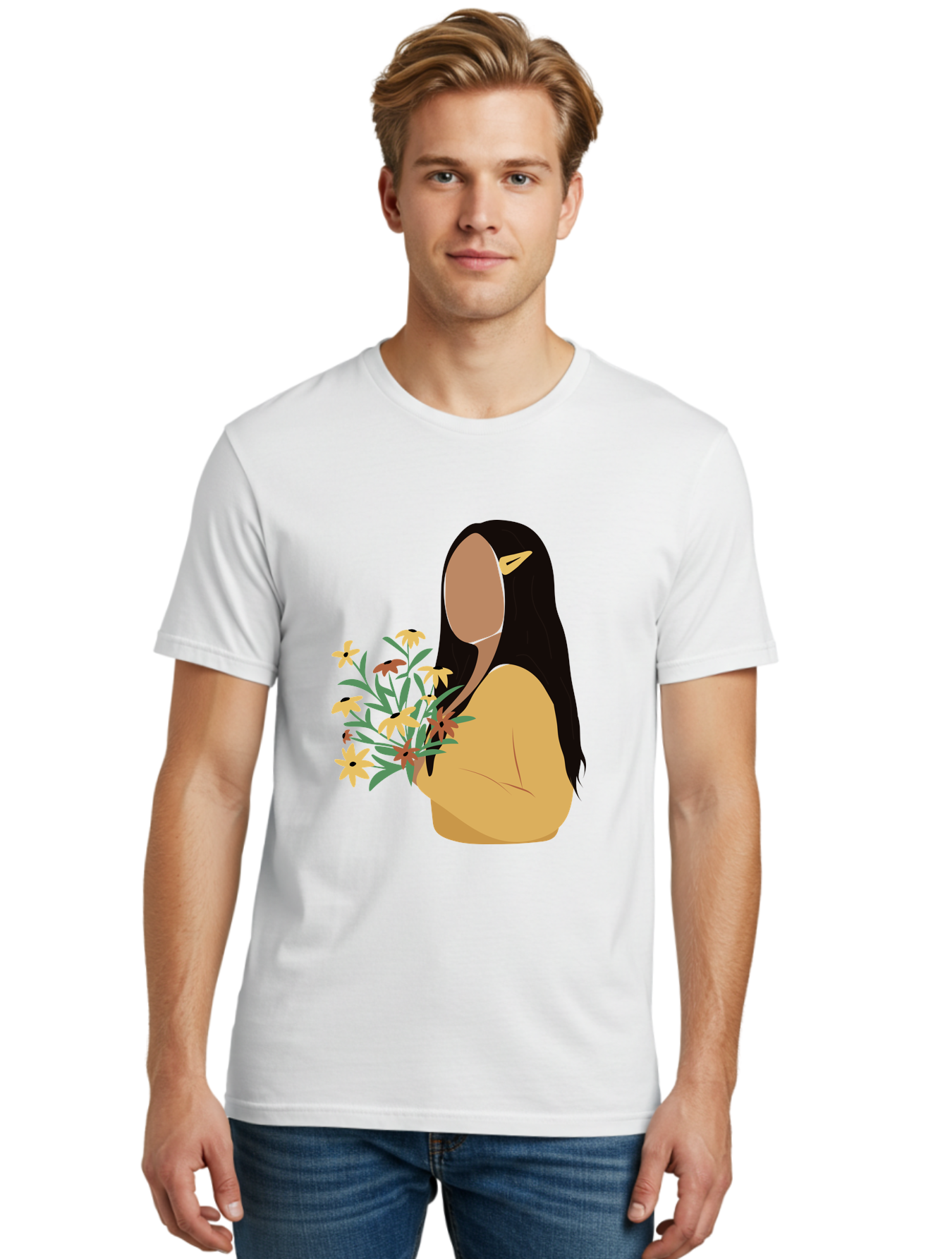 Woman-With-Flowers Men'S Graphic Tee, 100% Cotton, Comfortable Casual Summer Wear, Machine Washable, Woman Holding Flowers, Simple Illustration, Minimalist Design, Yellow Flowers, Long Black Hair, Yellow Shirt, Elegance, Simplicity, Aae074 26