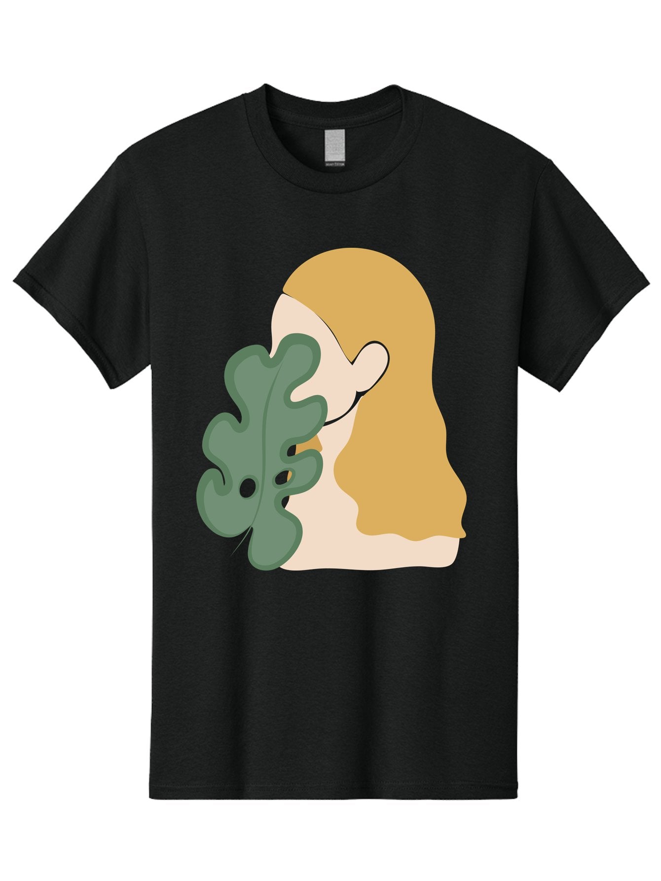 Woman-With-Leaf Men'S Graphic Tee, 100% Cotton, Comfortable Casual Summer Wear, Machine Washable, Woman Holding Leaf, Abstract Art, Minimalist Design, Green Leaves, Long Hair, Digital Illustration, Modern Artwork, Creative Portrait Aae075