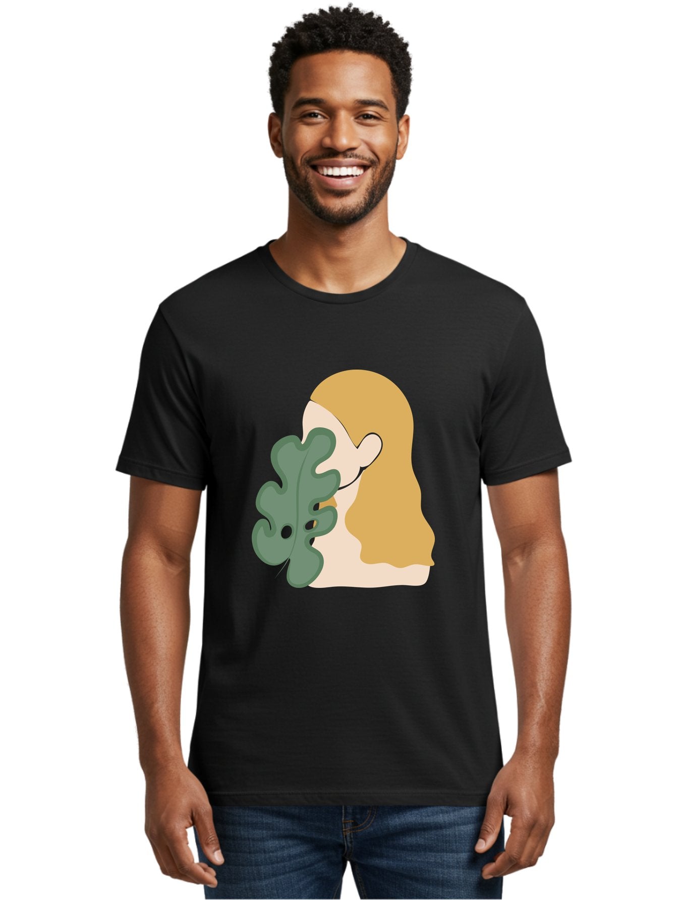 Woman-With-Leaf Men'S Graphic Tee, 100% Cotton, Comfortable Casual Summer Wear, Machine Washable, Woman Holding Leaf, Abstract Art, Minimalist Design, Green Leaves, Long Hair, Digital Illustration, Modern Artwork, Creative Portrait Aae075 21