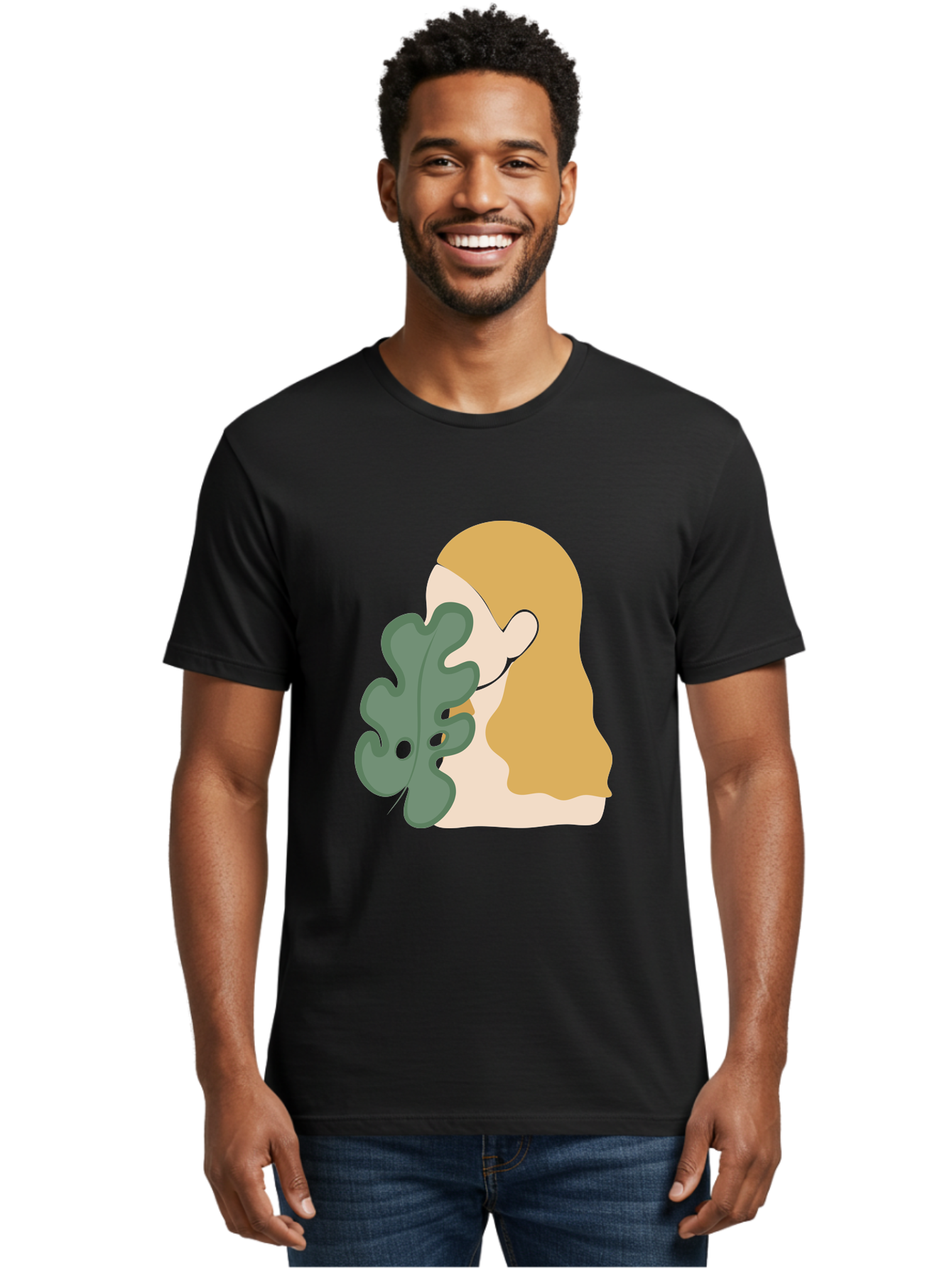 Woman-With-Leaf Men'S Graphic Tee, 100% Cotton, Comfortable Casual Summer Wear, Machine Washable, Woman Holding Leaf, Abstract Art, Minimalist Design, Green Leaves, Long Hair, Digital Illustration, Modern Artwork, Creative Portrait Aae075 20