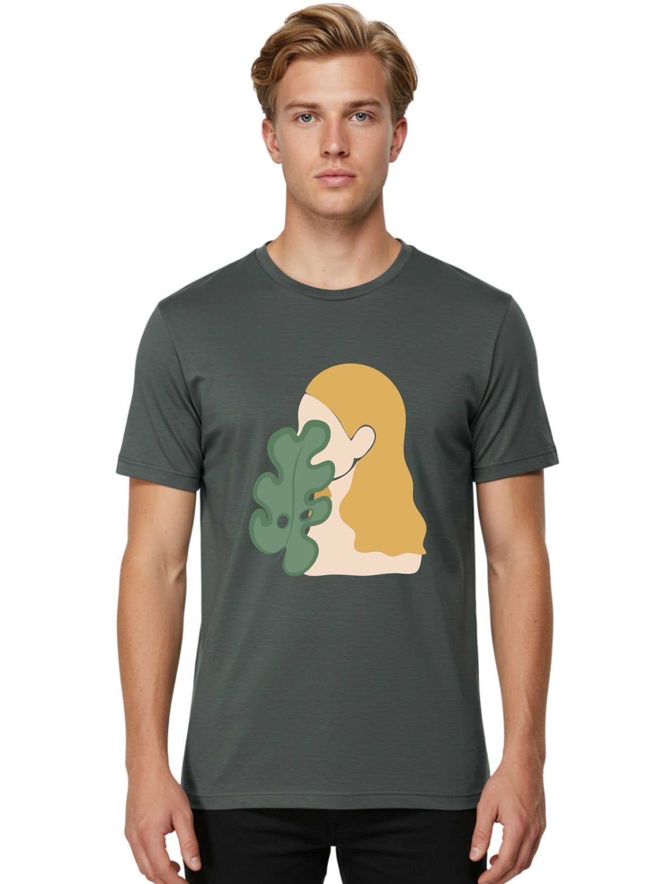 Woman-With-Leaf Men'S Graphic Tee, 100% Cotton, Comfortable Casual Summer Wear, Machine Washable, Woman Holding Leaf, Abstract Art, Minimalist Design, Green Leaves, Long Hair, Digital Illustration, Modern Artwork, Creative Portrait Aae075 20