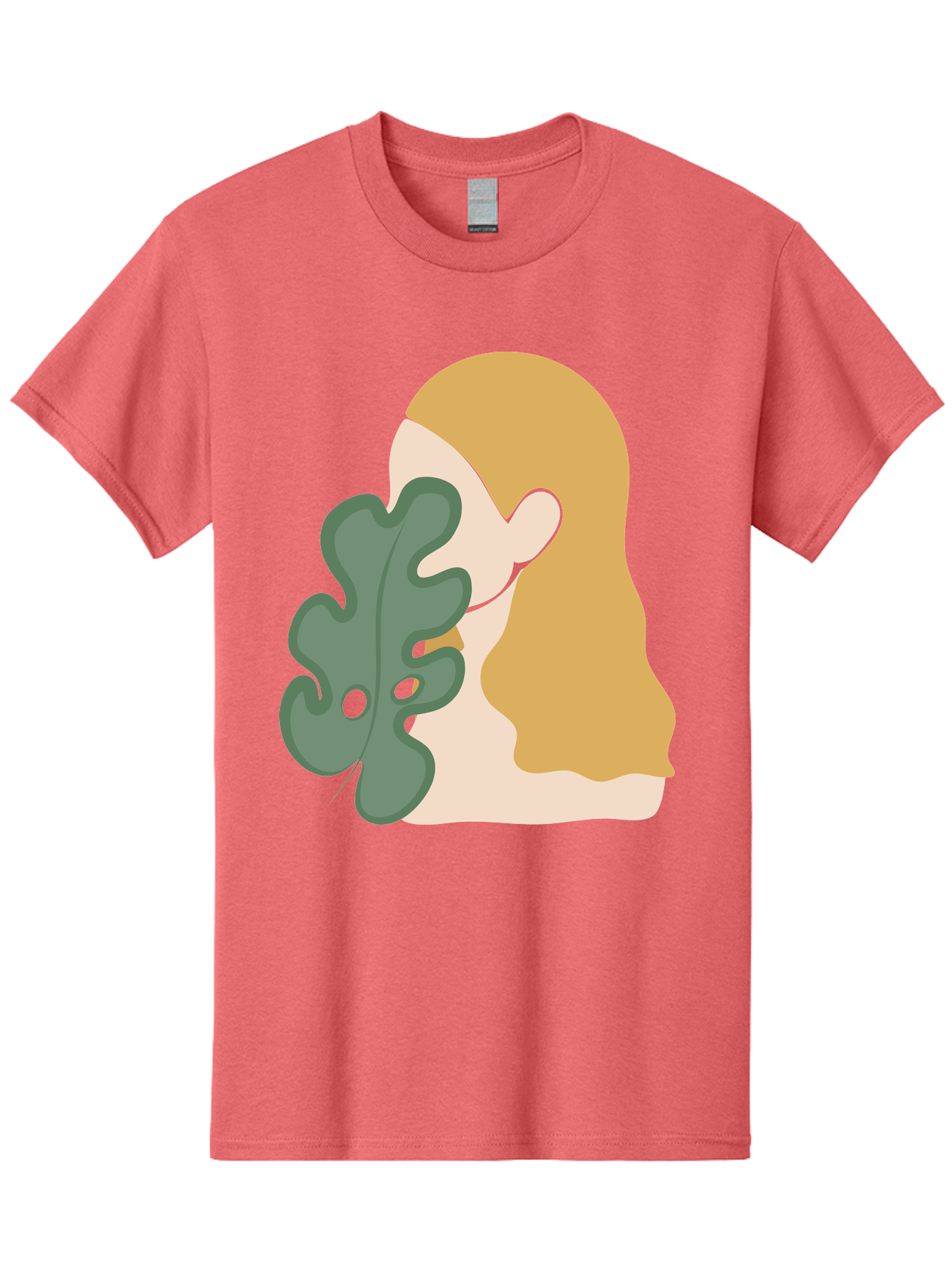 Woman-With-Leaf Men'S Graphic Tee, 100% Cotton, Comfortable Casual Summer Wear, Machine Washable, Woman Holding Leaf, Abstract Art, Minimalist Design, Green Leaves, Long Hair, Digital Illustration, Modern Artwork, Creative Portrait Aae075