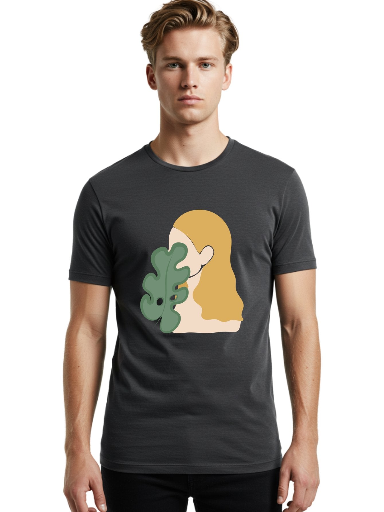 Woman-With-Leaf Men'S Graphic Tee, 100% Cotton, Comfortable Casual Summer Wear, Machine Washable, Woman Holding Leaf, Abstract Art, Minimalist Design, Green Leaves, Long Hair, Digital Illustration, Modern Artwork, Creative Portrait Aae075 17