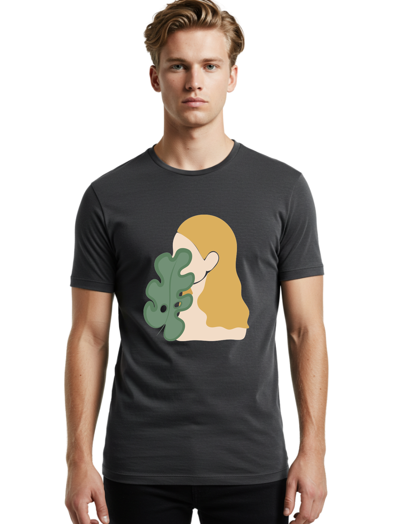 Woman-With-Leaf Men'S Graphic Tee, 100% Cotton, Comfortable Casual Summer Wear, Machine Washable, Woman Holding Leaf, Abstract Art, Minimalist Design, Green Leaves, Long Hair, Digital Illustration, Modern Artwork, Creative Portrait Aae075 28