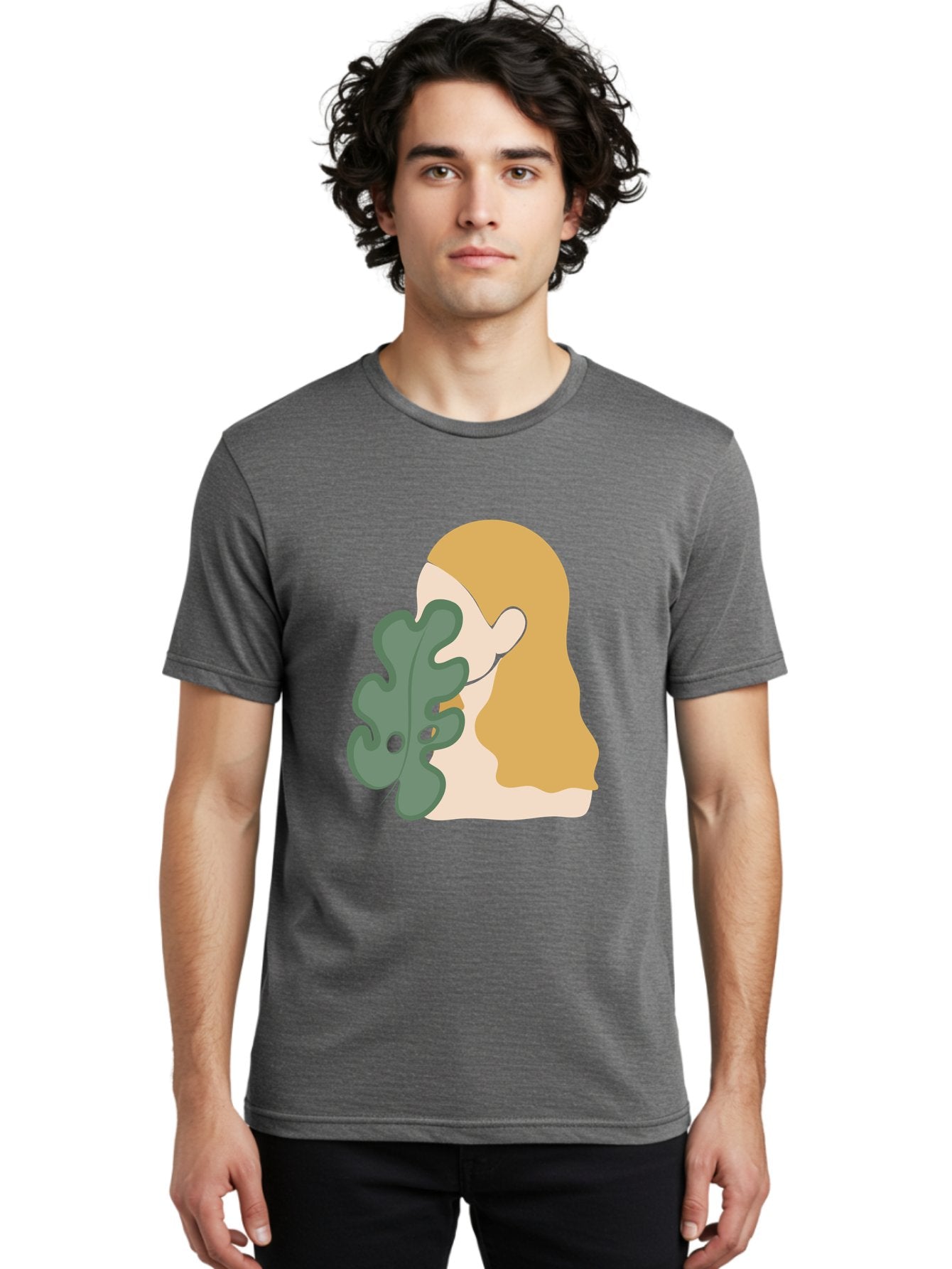 Woman-With-Leaf Men'S Graphic Tee, 100% Cotton, Comfortable Casual Summer Wear, Machine Washable, Woman Holding Leaf, Abstract Art, Minimalist Design, Green Leaves, Long Hair, Digital Illustration, Modern Artwork, Creative Portrait Aae075 26