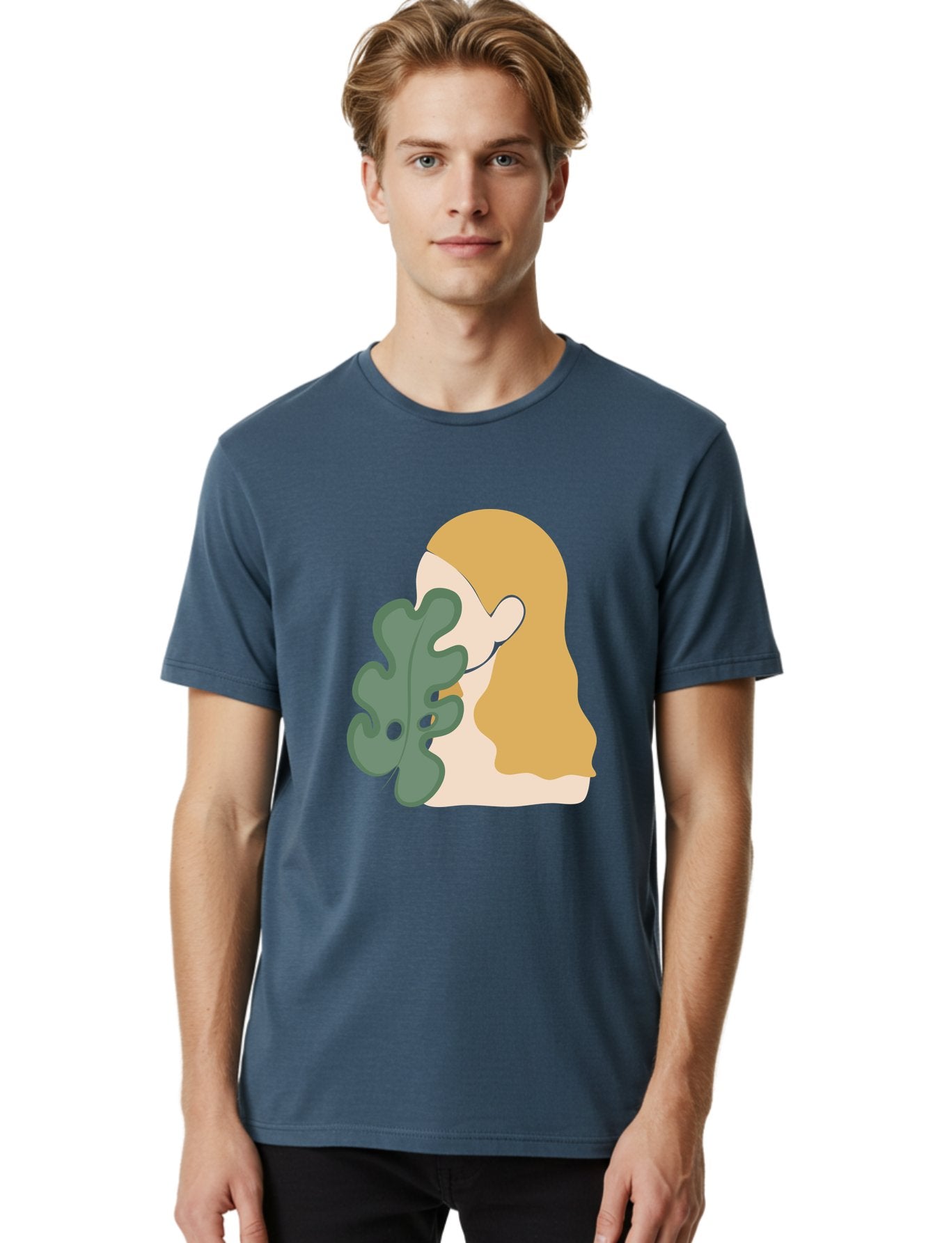 Woman-With-Leaf Men'S Graphic Tee, 100% Cotton, Comfortable Casual Summer Wear, Machine Washable, Woman Holding Leaf, Abstract Art, Minimalist Design, Green Leaves, Long Hair, Digital Illustration, Modern Artwork, Creative Portrait Aae075 24