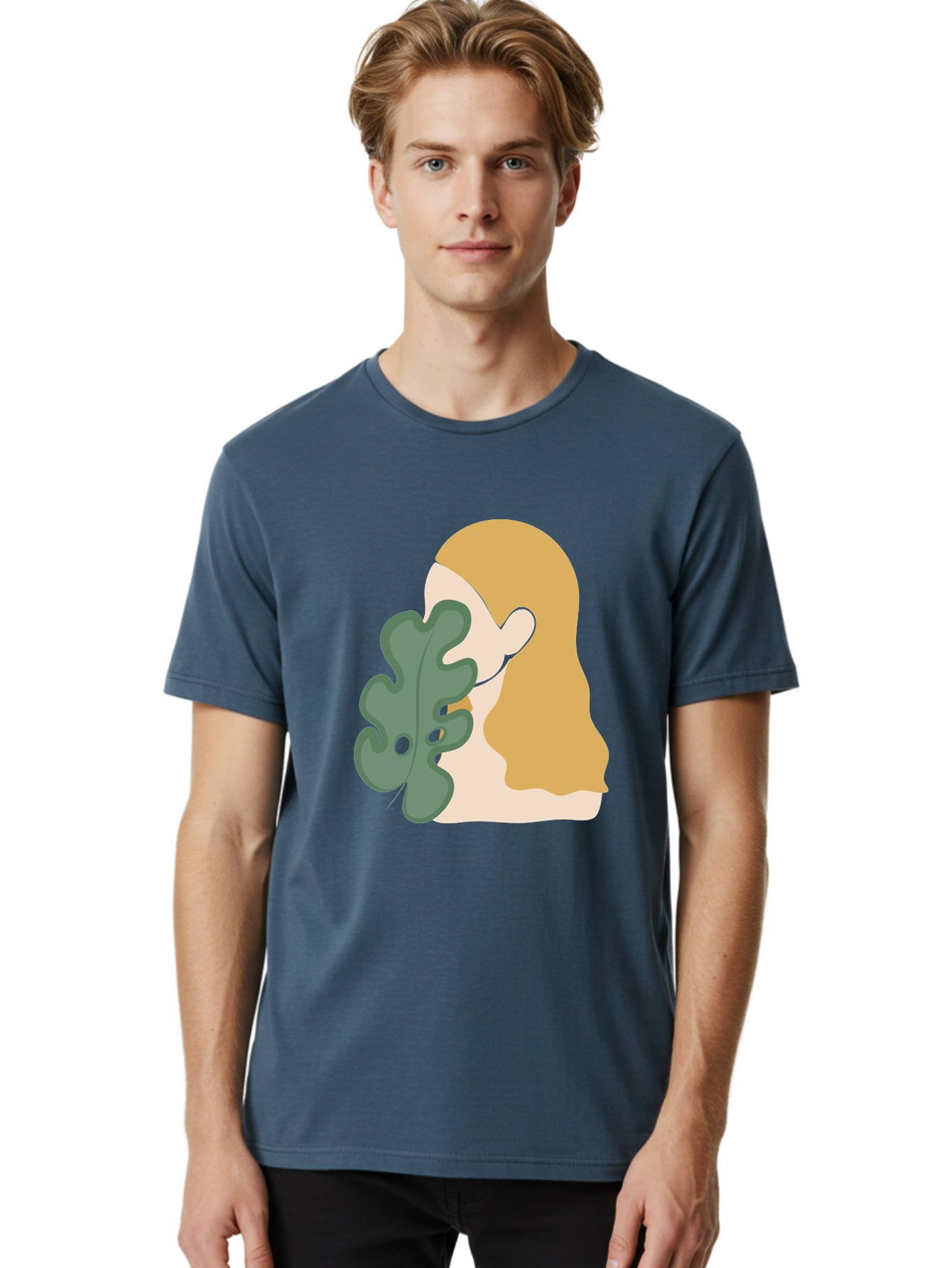 Woman-With-Leaf Men'S Graphic Tee, 100% Cotton, Comfortable Casual Summer Wear, Machine Washable, Woman Holding Leaf, Abstract Art, Minimalist Design, Green Leaves, Long Hair, Digital Illustration, Modern Artwork, Creative Portrait Aae075 14