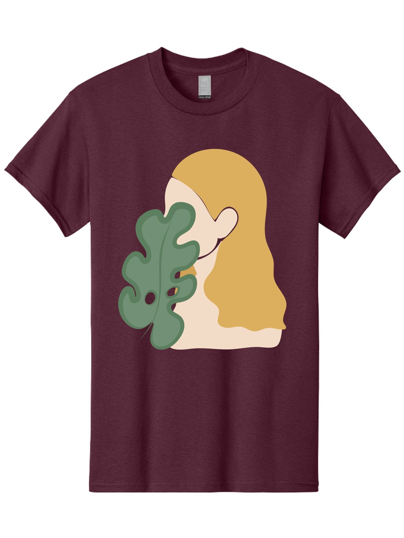 Woman-With-Leaf Men'S Graphic Tee, 100% Cotton, Comfortable Casual Summer Wear, Machine Washable, Woman Holding Leaf, Abstract Art, Minimalist Design, Green Leaves, Long Hair, Digital Illustration, Modern Artwork, Creative Portrait Aae075