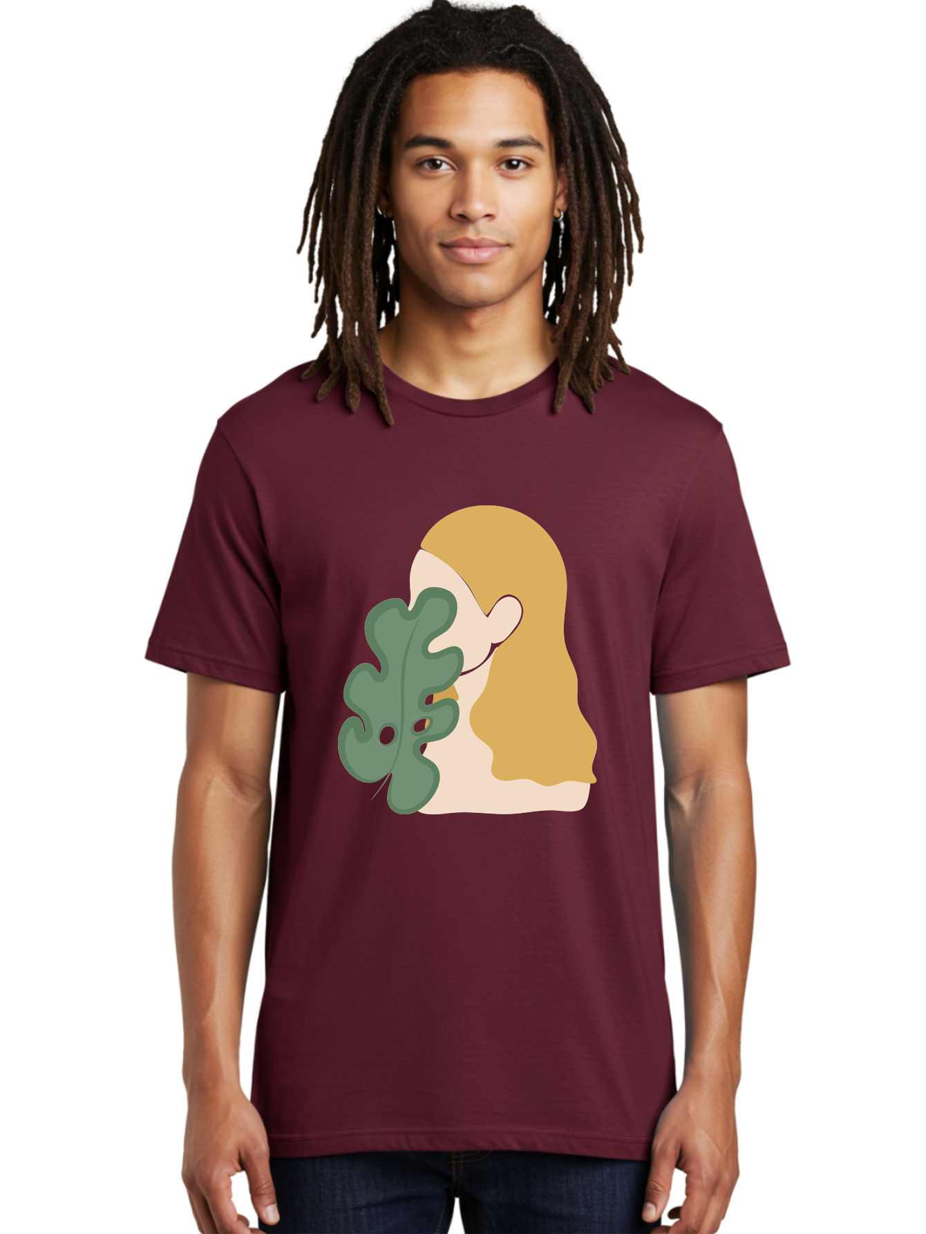 Woman-With-Leaf Men'S Graphic Tee, 100% Cotton, Comfortable Casual Summer Wear, Machine Washable, Woman Holding Leaf, Abstract Art, Minimalist Design, Green Leaves, Long Hair, Digital Illustration, Modern Artwork, Creative Portrait Aae075 22