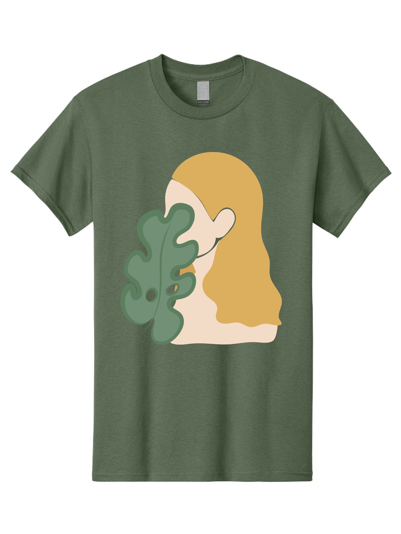 Woman-With-Leaf Men'S Graphic Tee, 100% Cotton, Comfortable Casual Summer Wear, Machine Washable, Woman Holding Leaf, Abstract Art, Minimalist Design, Green Leaves, Long Hair, Digital Illustration, Modern Artwork, Creative Portrait Aae075 7