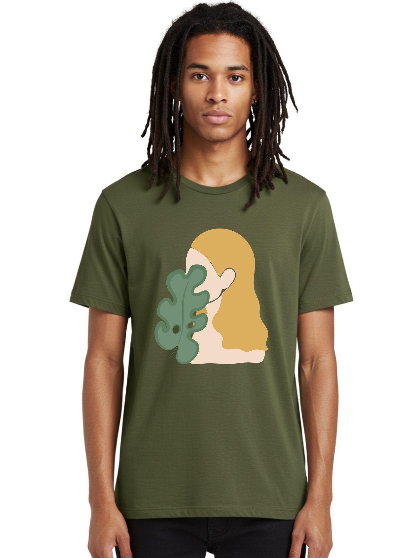 Woman-With-Leaf Men'S Graphic Tee, 100% Cotton, Comfortable Casual Summer Wear, Machine Washable, Woman Holding Leaf, Abstract Art, Minimalist Design, Green Leaves, Long Hair, Digital Illustration, Modern Artwork, Creative Portrait Aae075 16