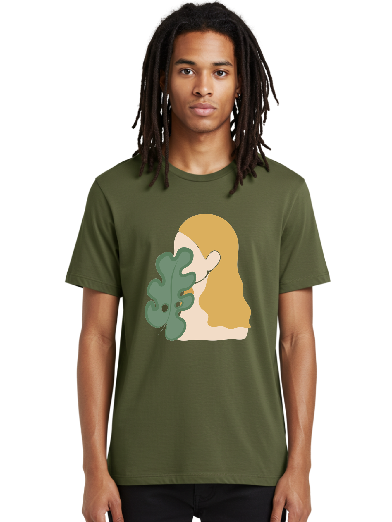 Woman-With-Leaf Men'S Graphic Tee, 100% Cotton, Comfortable Casual Summer Wear, Machine Washable, Woman Holding Leaf, Abstract Art, Minimalist Design, Green Leaves, Long Hair, Digital Illustration, Modern Artwork, Creative Portrait Aae075 26