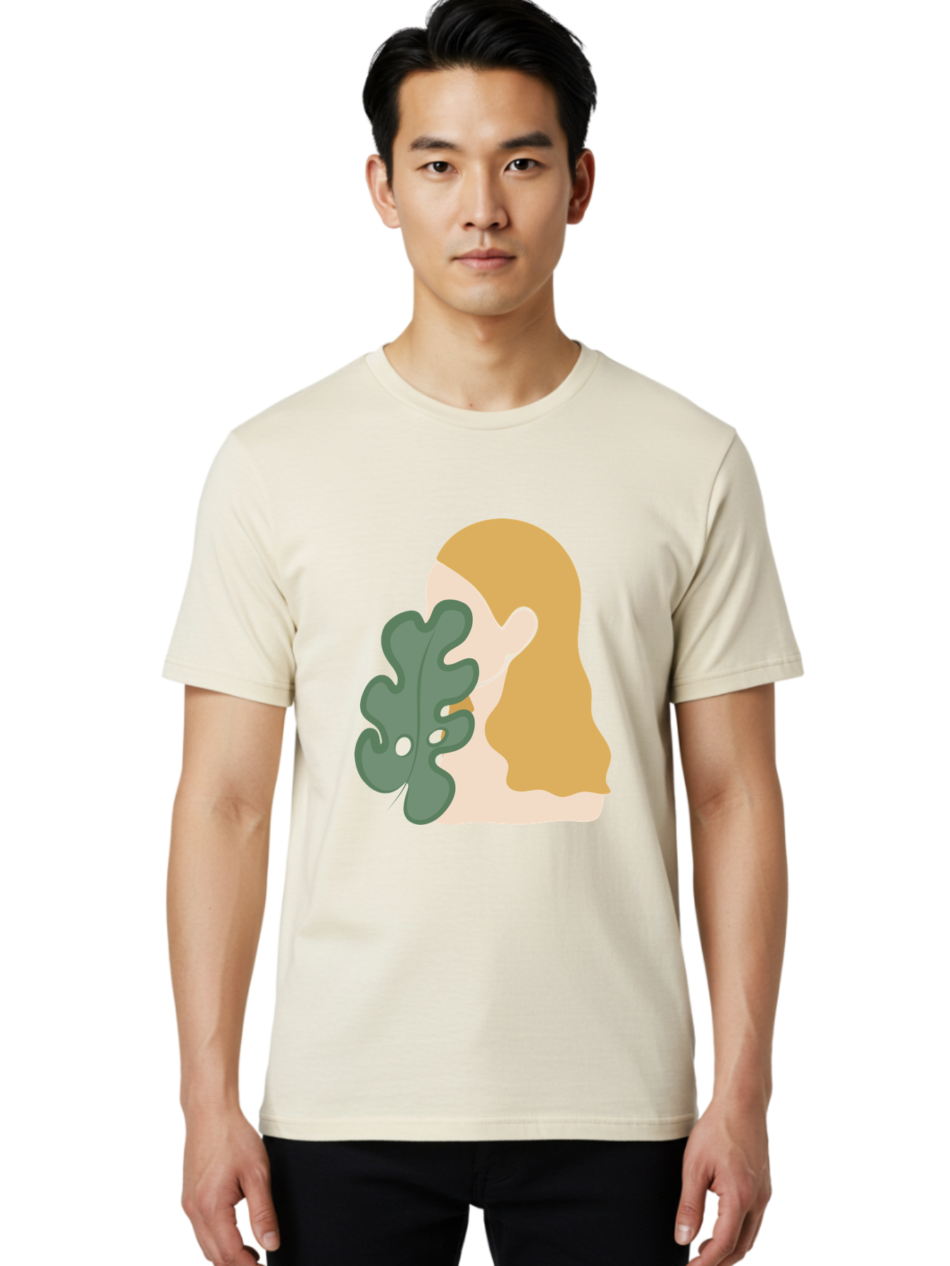 Woman-With-Leaf Men'S Graphic Tee, 100% Cotton, Comfortable Casual Summer Wear, Machine Washable, Woman Holding Leaf, Abstract Art, Minimalist Design, Green Leaves, Long Hair, Digital Illustration, Modern Artwork, Creative Portrait Aae075 24