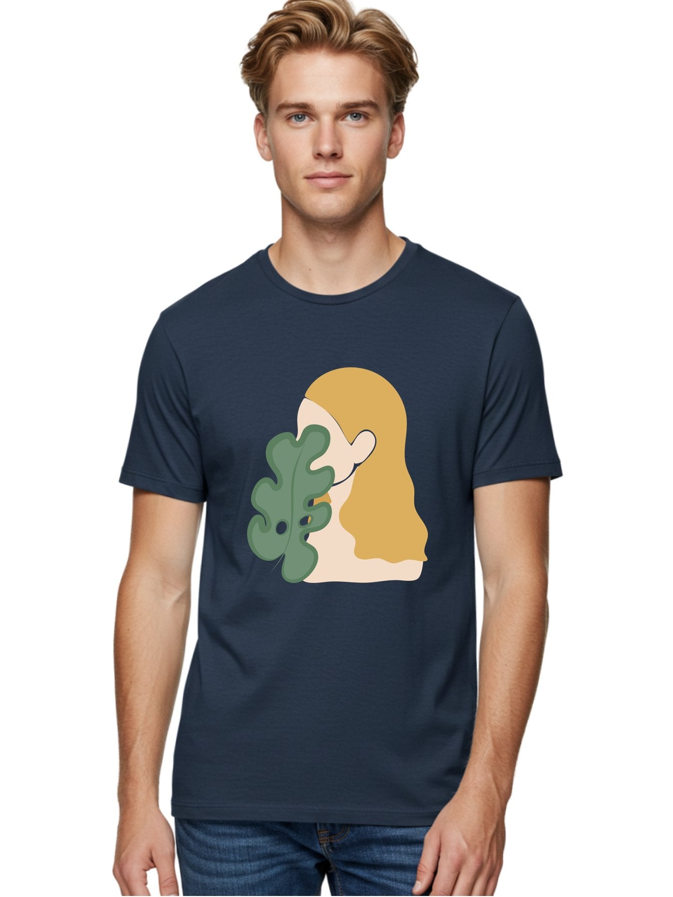 Woman-With-Leaf Men'S Graphic Tee, 100% Cotton, Comfortable Casual Summer Wear, Machine Washable, Woman Holding Leaf, Abstract Art, Minimalist Design, Green Leaves, Long Hair, Digital Illustration, Modern Artwork, Creative Portrait Aae075 25