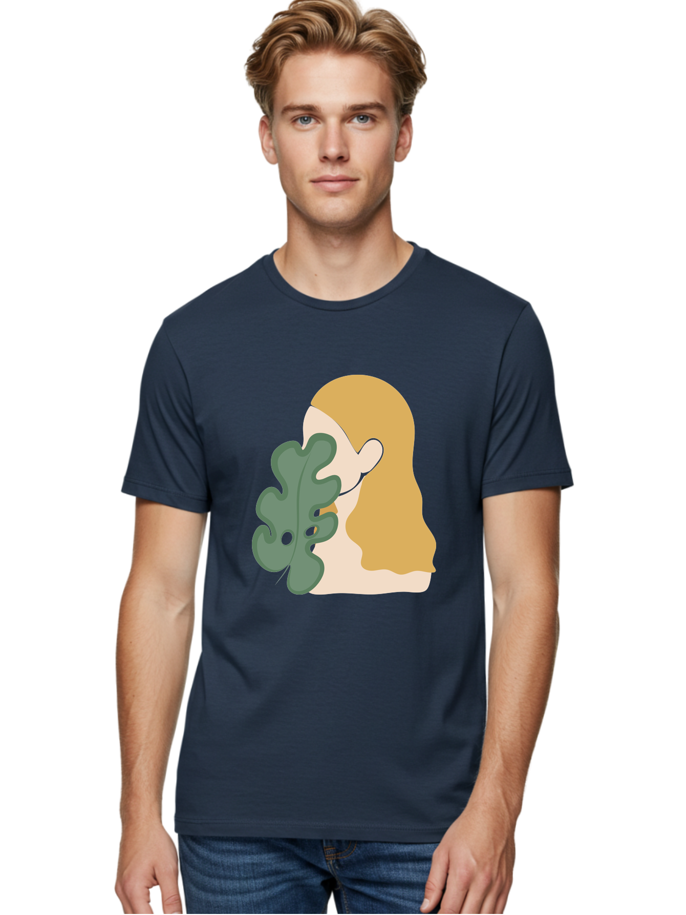 Woman-With-Leaf Men'S Graphic Tee, 100% Cotton, Comfortable Casual Summer Wear, Machine Washable, Woman Holding Leaf, Abstract Art, Minimalist Design, Green Leaves, Long Hair, Digital Illustration, Modern Artwork, Creative Portrait Aae075 12