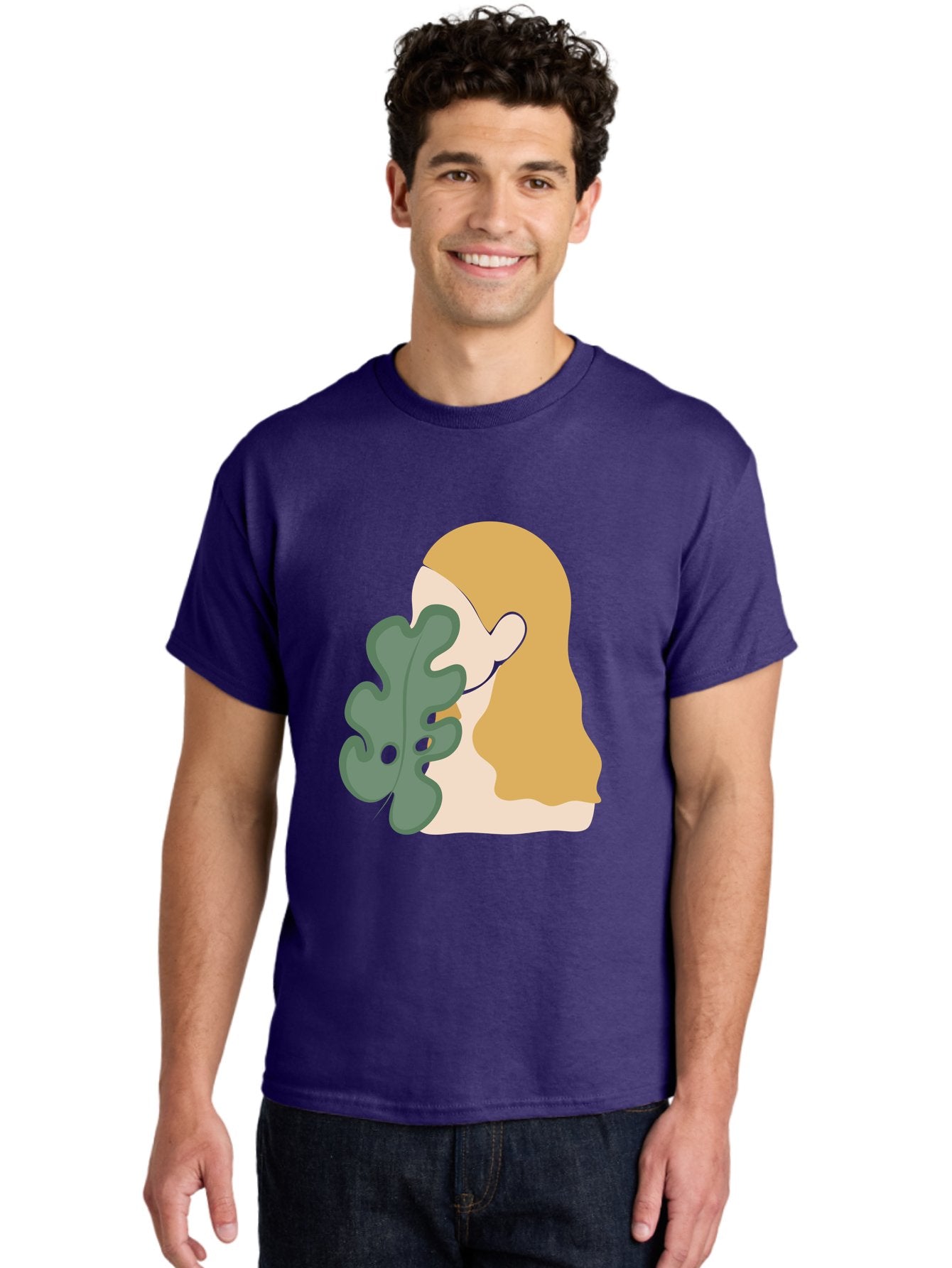Woman-With-Leaf Men'S Graphic Tee, 100% Cotton, Comfortable Casual Summer Wear, Machine Washable, Woman Holding Leaf, Abstract Art, Minimalist Design, Green Leaves, Long Hair, Digital Illustration, Modern Artwork, Creative Portrait Aae075 28