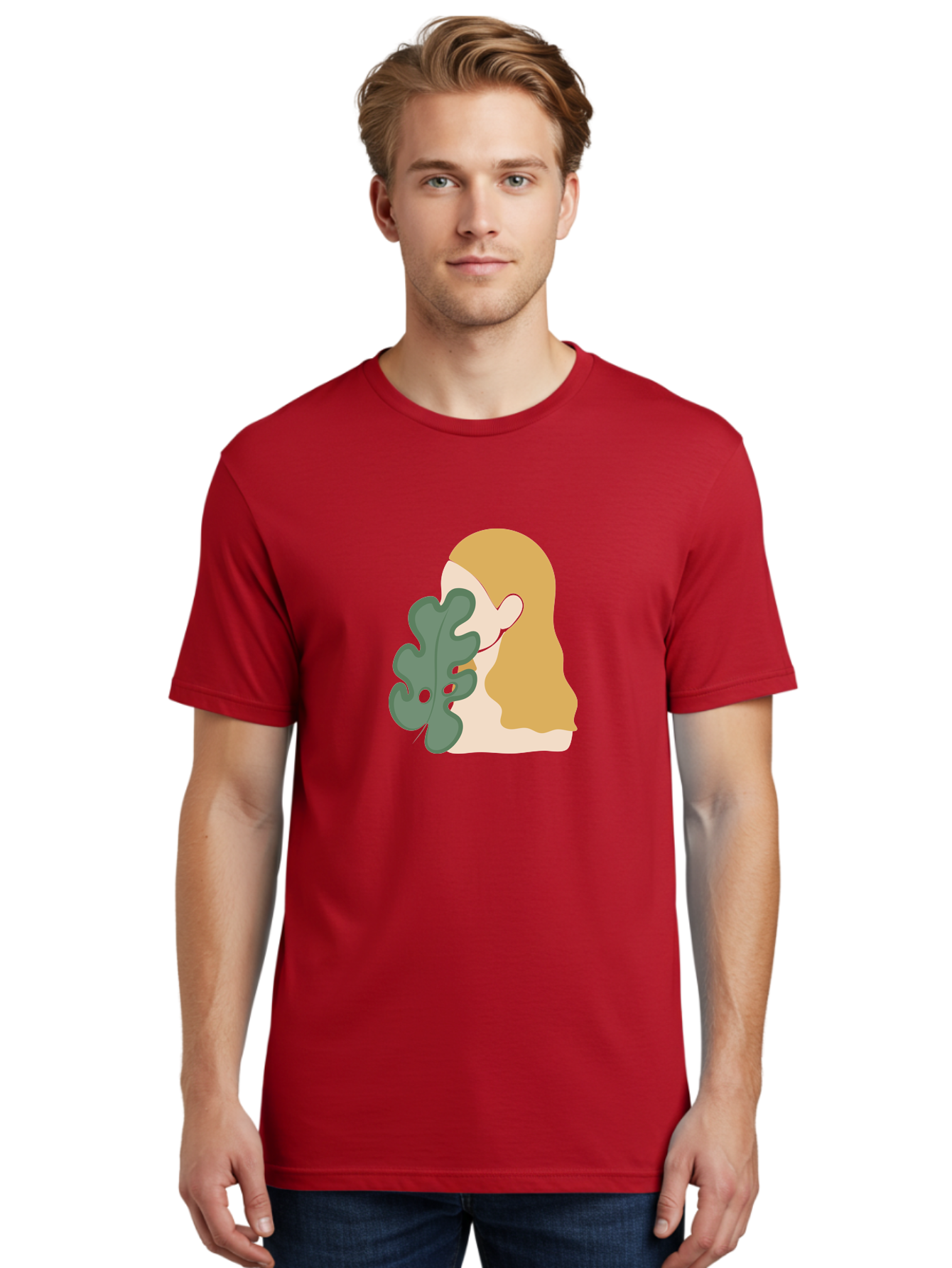 Woman-With-Leaf Men'S Graphic Tee, 100% Cotton, Comfortable Casual Summer Wear, Machine Washable, Woman Holding Leaf, Abstract Art, Minimalist Design, Green Leaves, Long Hair, Digital Illustration, Modern Artwork, Creative Portrait Aae075 4