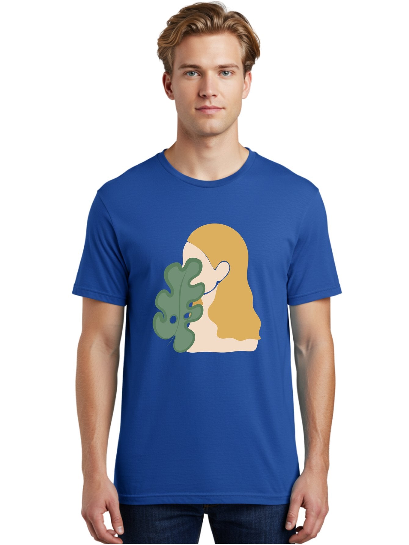 Woman-With-Leaf Men'S Graphic Tee, 100% Cotton, Comfortable Casual Summer Wear, Machine Washable, Woman Holding Leaf, Abstract Art, Minimalist Design, Green Leaves, Long Hair, Digital Illustration, Modern Artwork, Creative Portrait Aae075 23