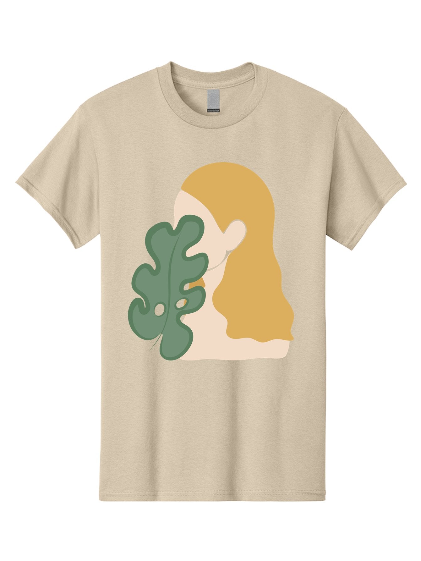 Woman-With-Leaf Men'S Graphic Tee, 100% Cotton, Comfortable Casual Summer Wear, Machine Washable, Woman Holding Leaf, Abstract Art, Minimalist Design, Green Leaves, Long Hair, Digital Illustration, Modern Artwork, Creative Portrait Aae075 11