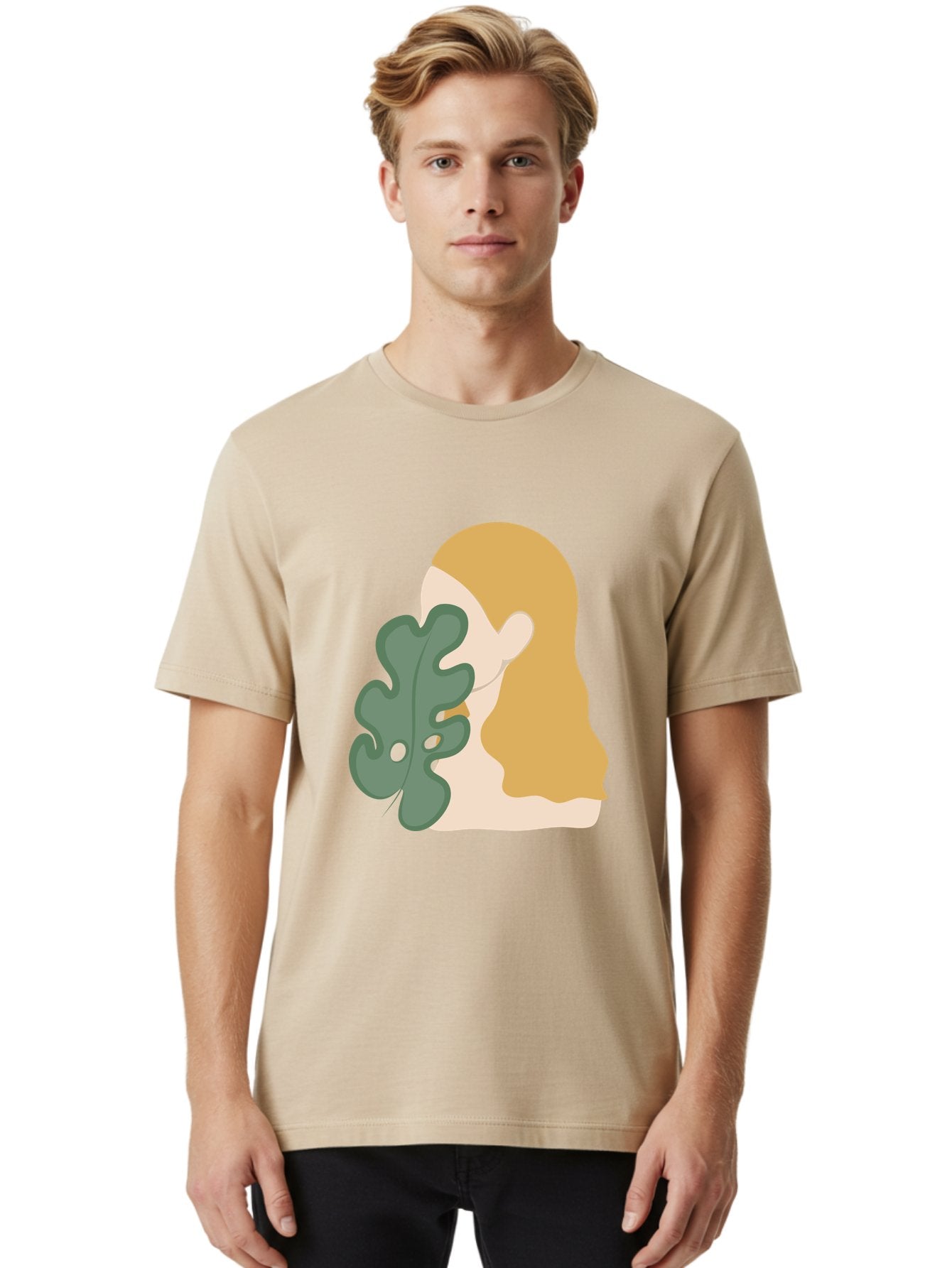Woman-With-Leaf Men'S Graphic Tee, 100% Cotton, Comfortable Casual Summer Wear, Machine Washable, Woman Holding Leaf, Abstract Art, Minimalist Design, Green Leaves, Long Hair, Digital Illustration, Modern Artwork, Creative Portrait Aae075 27