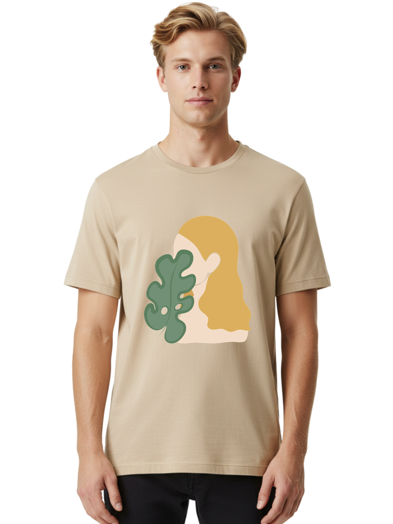 Woman-With-Leaf Men'S Graphic Tee, 100% Cotton, Comfortable Casual Summer Wear, Machine Washable, Woman Holding Leaf, Abstract Art, Minimalist Design, Green Leaves, Long Hair, Digital Illustration, Modern Artwork, Creative Portrait Aae075 8