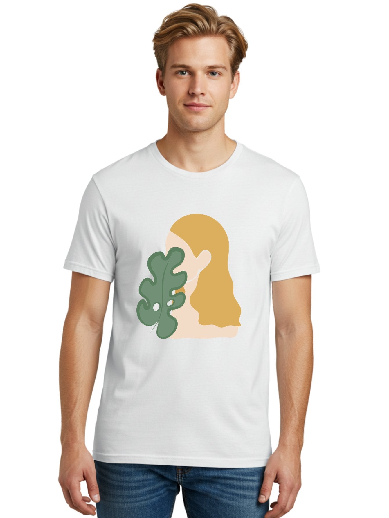 Woman-With-Leaf Men'S Graphic Tee, 100% Cotton, Comfortable Casual Summer Wear, Machine Washable, Woman Holding Leaf, Abstract Art, Minimalist Design, Green Leaves, Long Hair, Digital Illustration, Modern Artwork, Creative Portrait Aae075 22