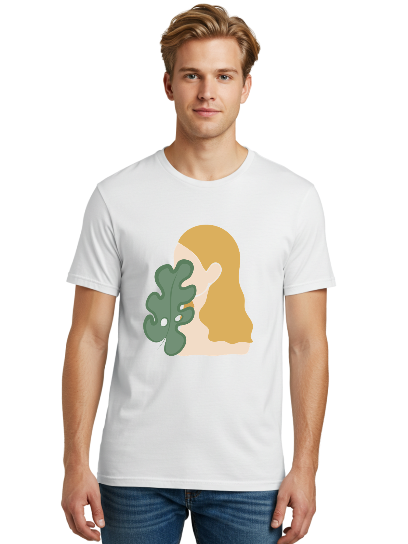 Woman-With-Leaf Men'S Graphic Tee, 100% Cotton, Comfortable Casual Summer Wear, Machine Washable, Woman Holding Leaf, Abstract Art, Minimalist Design, Green Leaves, Long Hair, Digital Illustration, Modern Artwork, Creative Portrait Aae075 18