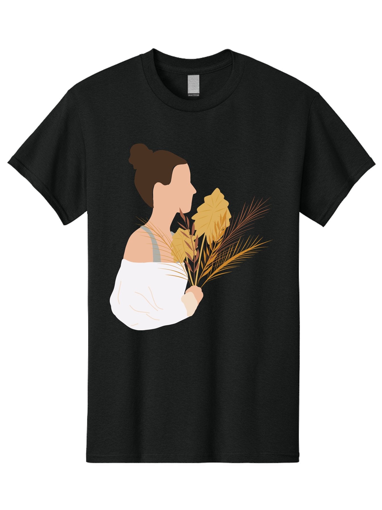 Woman-With-Leaves-1 Men'S Graphic Tee, 100% Cotton, Comfortable Casual Summer Wear, Machine Washable, Woman With Brown Hair Bun, White Shirt, Holding Plants, Golden Leaves, Green Stems, Relaxed Atmosphere, Natural Beauty, Bohemian Style, Aae076 5
