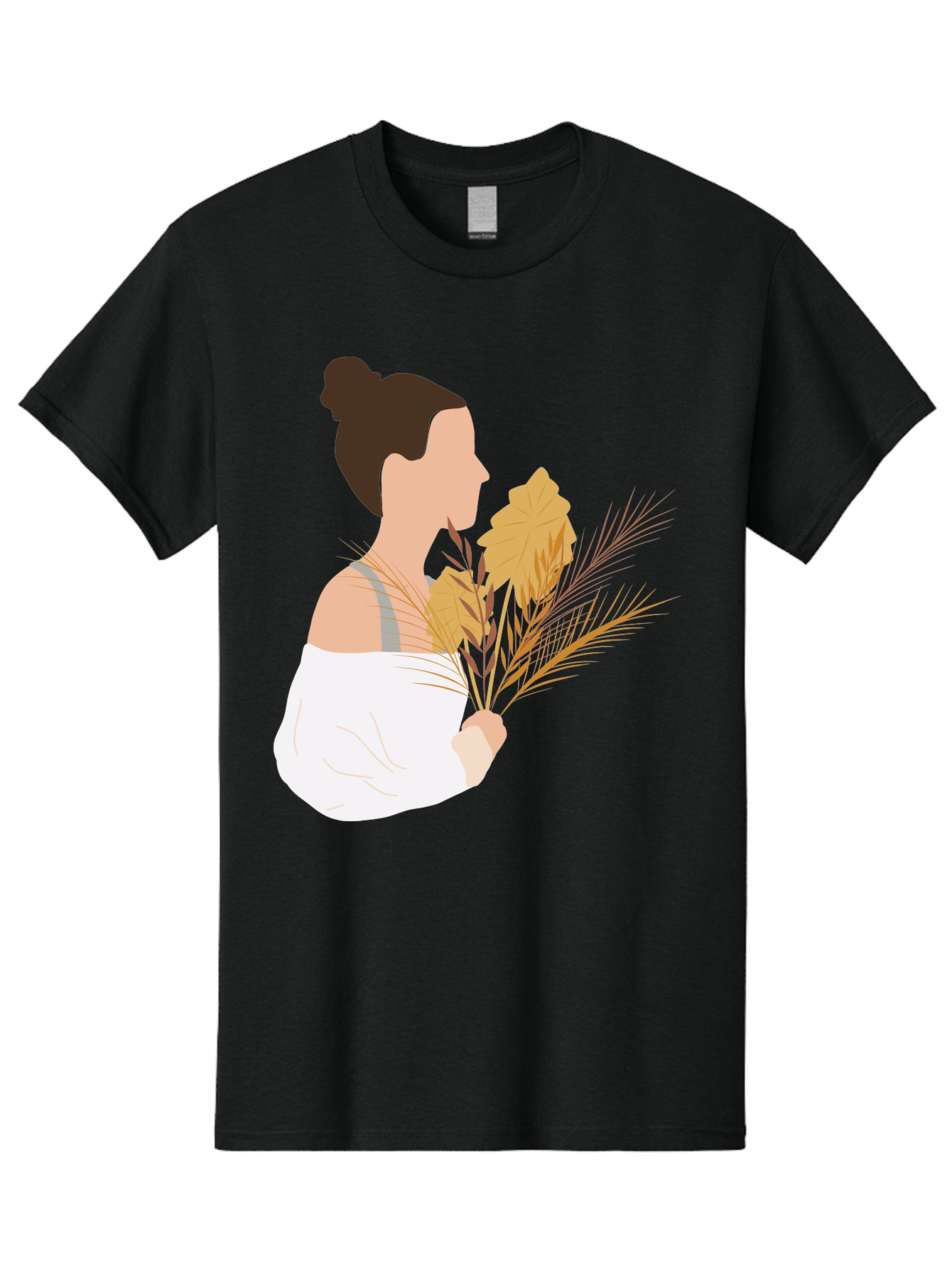 Woman-With-Leaves-1 Men'S Graphic Tee, 100% Cotton, Comfortable Casual Summer Wear, Machine Washable, Woman With Brown Hair Bun, White Shirt, Holding Plants, Golden Leaves, Green Stems, Relaxed Atmosphere, Natural Beauty, Bohemian Style, Aae076 15