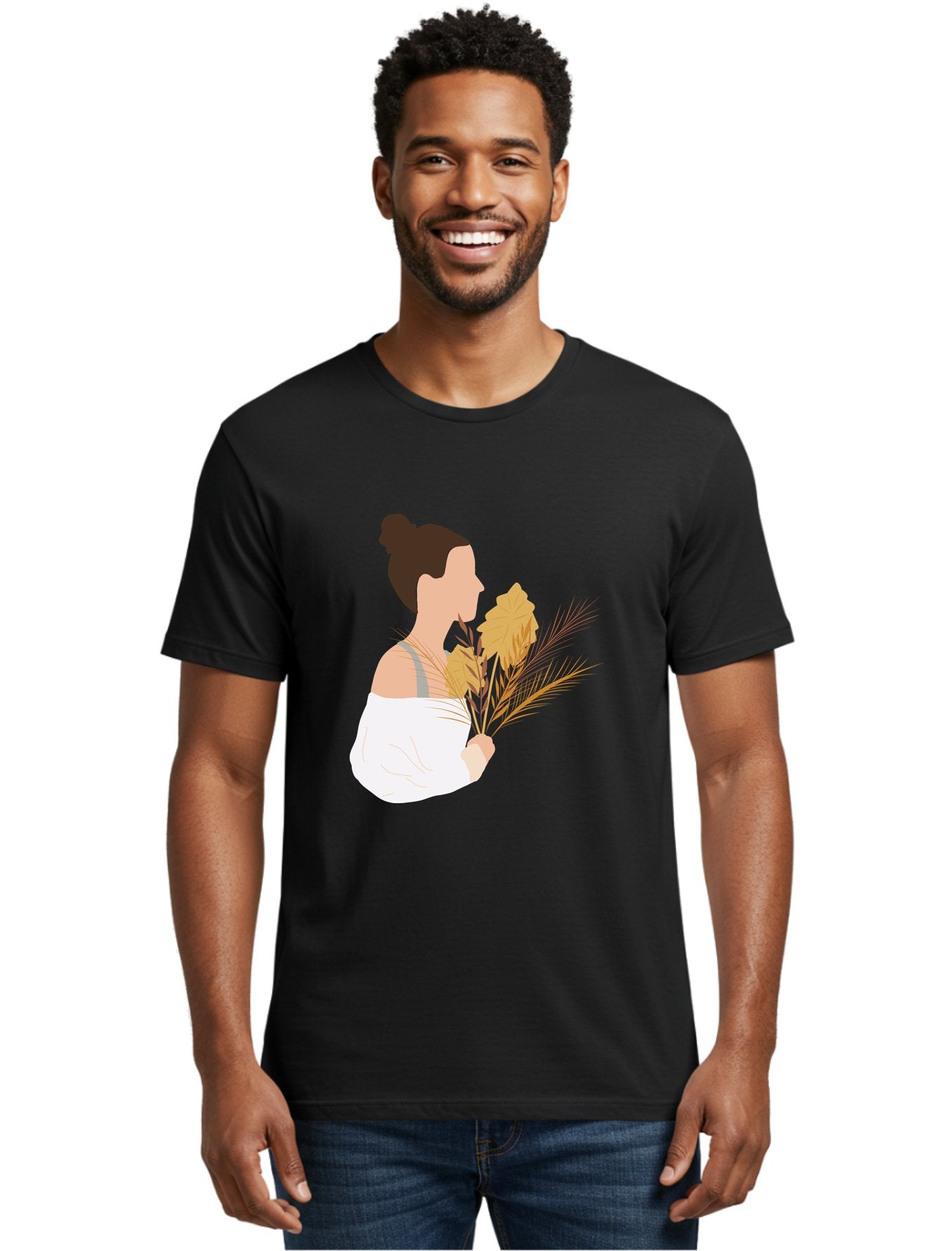Woman-With-Leaves-1 Men'S Graphic Tee, 100% Cotton, Comfortable Casual Summer Wear, Machine Washable, Woman With Brown Hair Bun, White Shirt, Holding Plants, Golden Leaves, Green Stems, Relaxed Atmosphere, Natural Beauty, Bohemian Style, Aae076 23