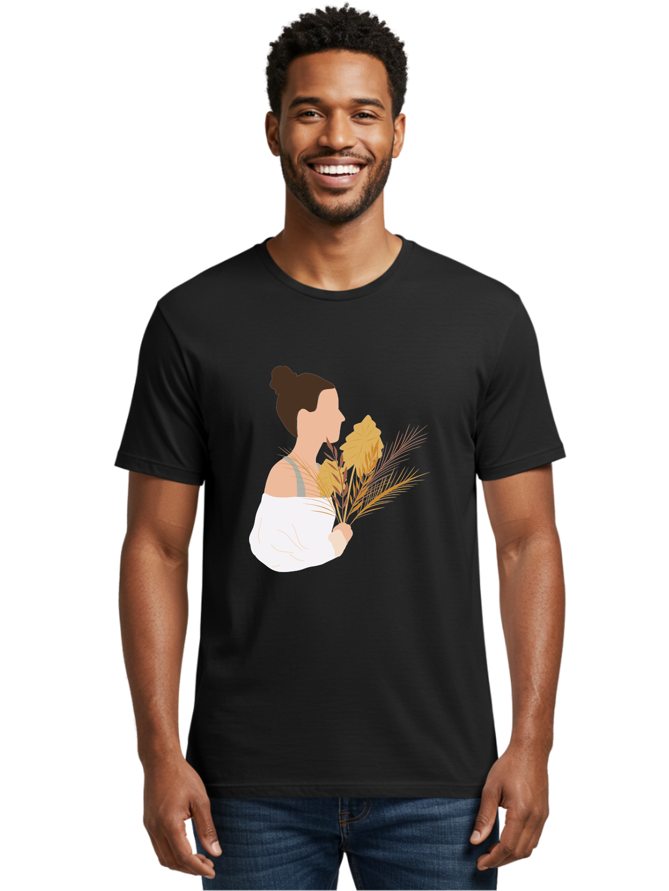 Woman-With-Leaves-1 Men'S Graphic Tee, 100% Cotton, Comfortable Casual Summer Wear, Machine Washable, Woman With Brown Hair Bun, White Shirt, Holding Plants, Golden Leaves, Green Stems, Relaxed Atmosphere, Natural Beauty, Bohemian Style, Aae076 16